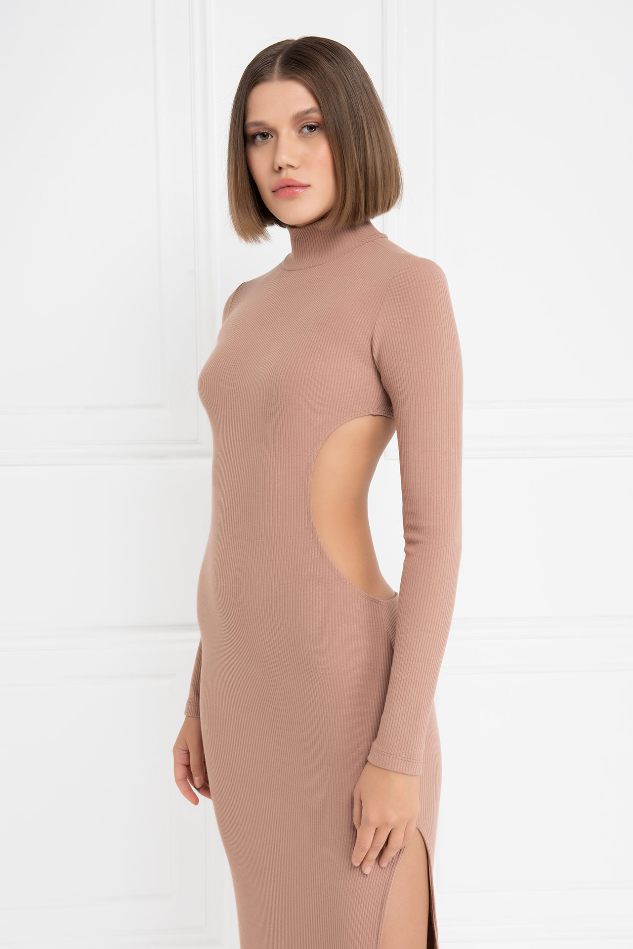 Wholesale Caramel Backless Split-Leg Maxi Dress