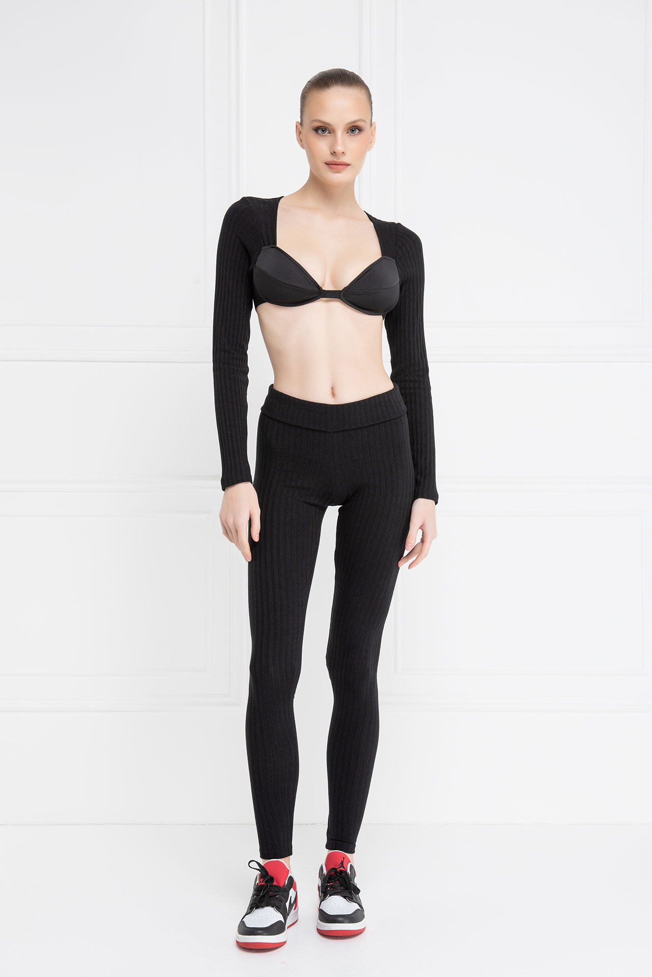 Black Ribbed Crop Top & Leggings Set