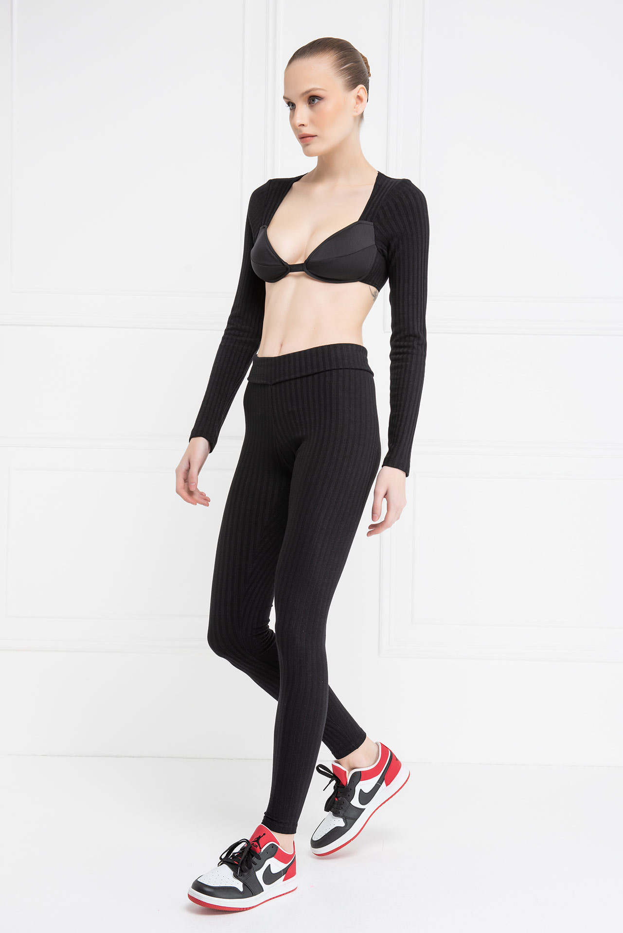 Black Ribbed Crop Top & Leggings Set