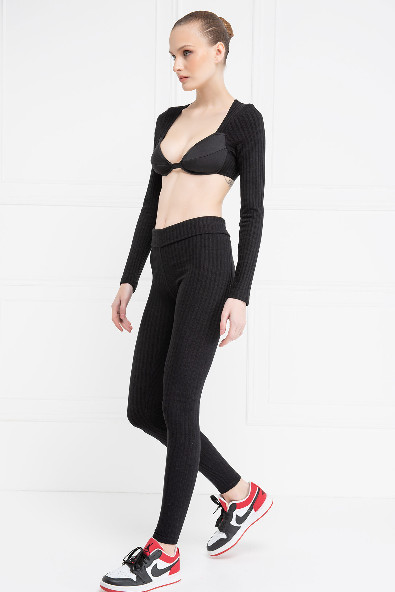 Black Ribbed Crop Top & Leggings Set