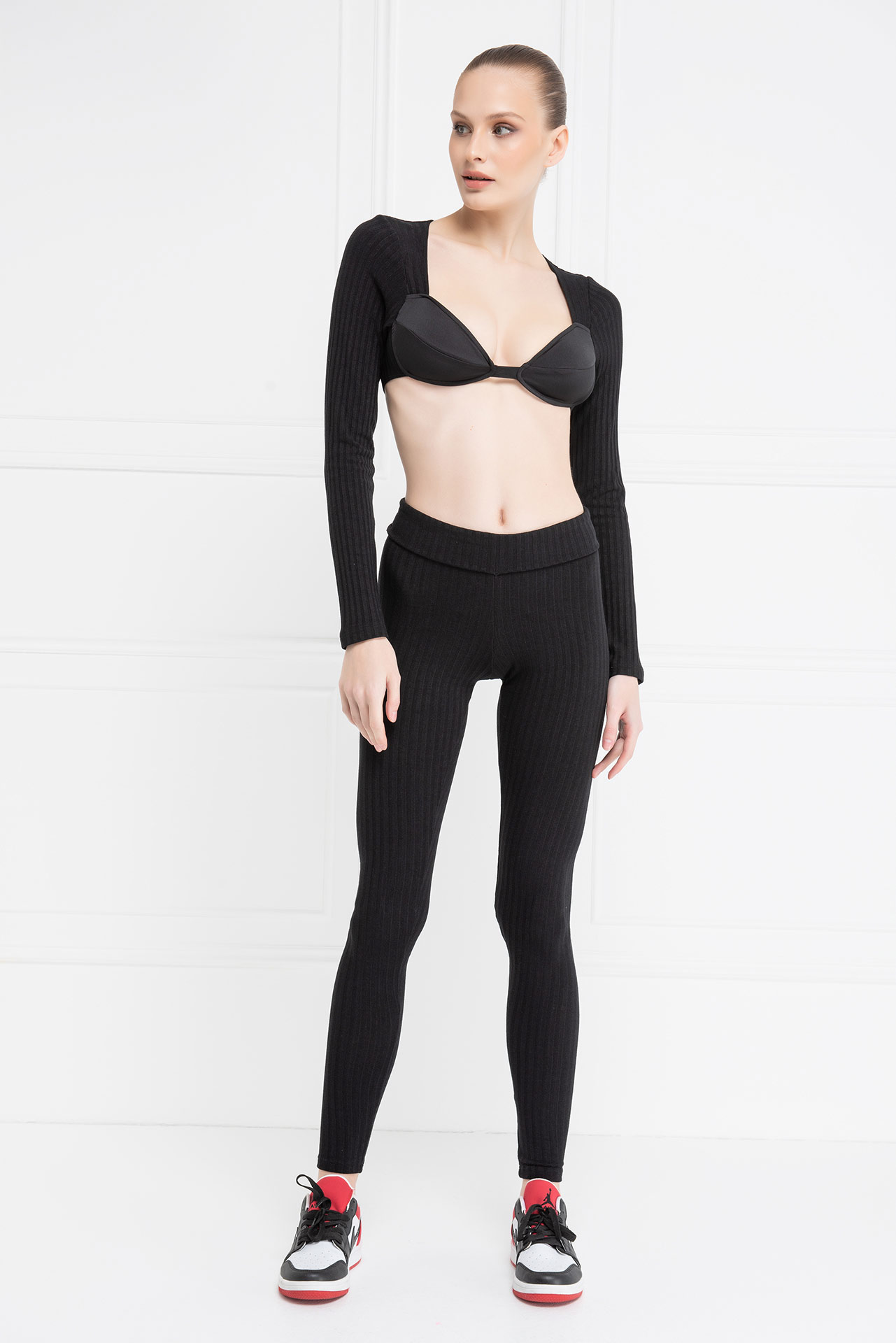 Black Ribbed Crop Top & Leggings Set