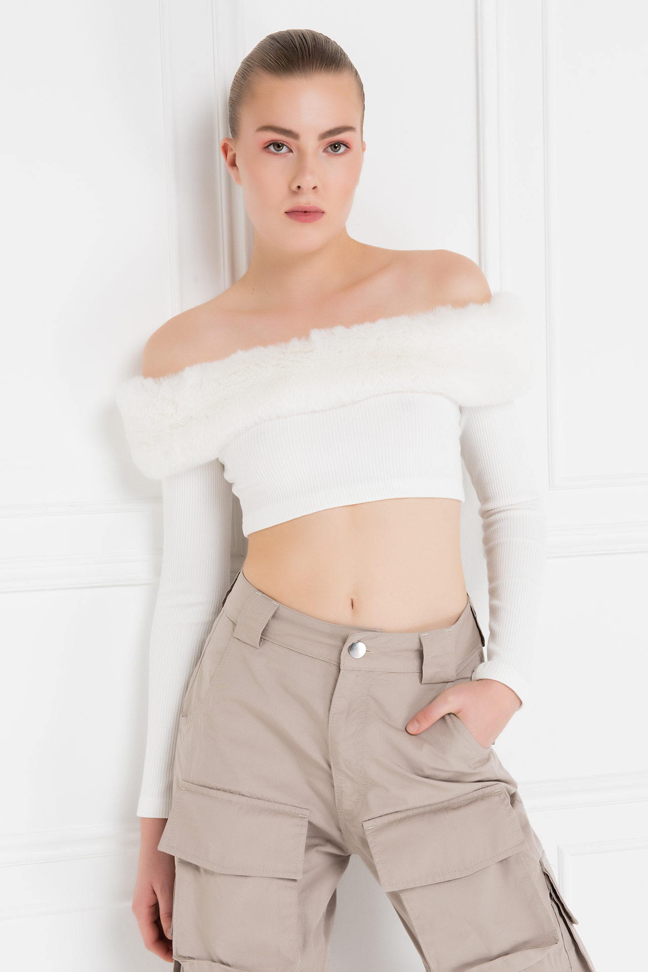 Offwhite Fur-Trim Off-the-Shoulder Top