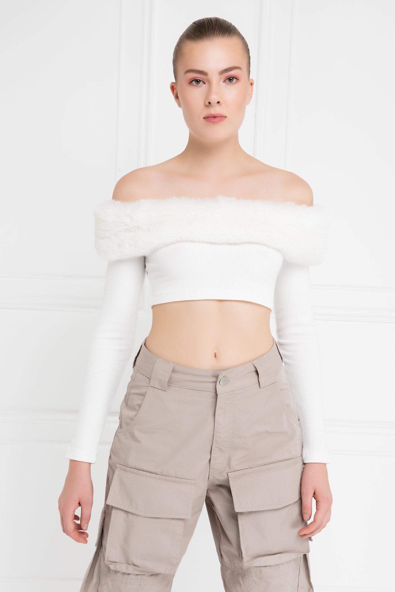 Offwhite Fur-Trim Off-the-Shoulder Top