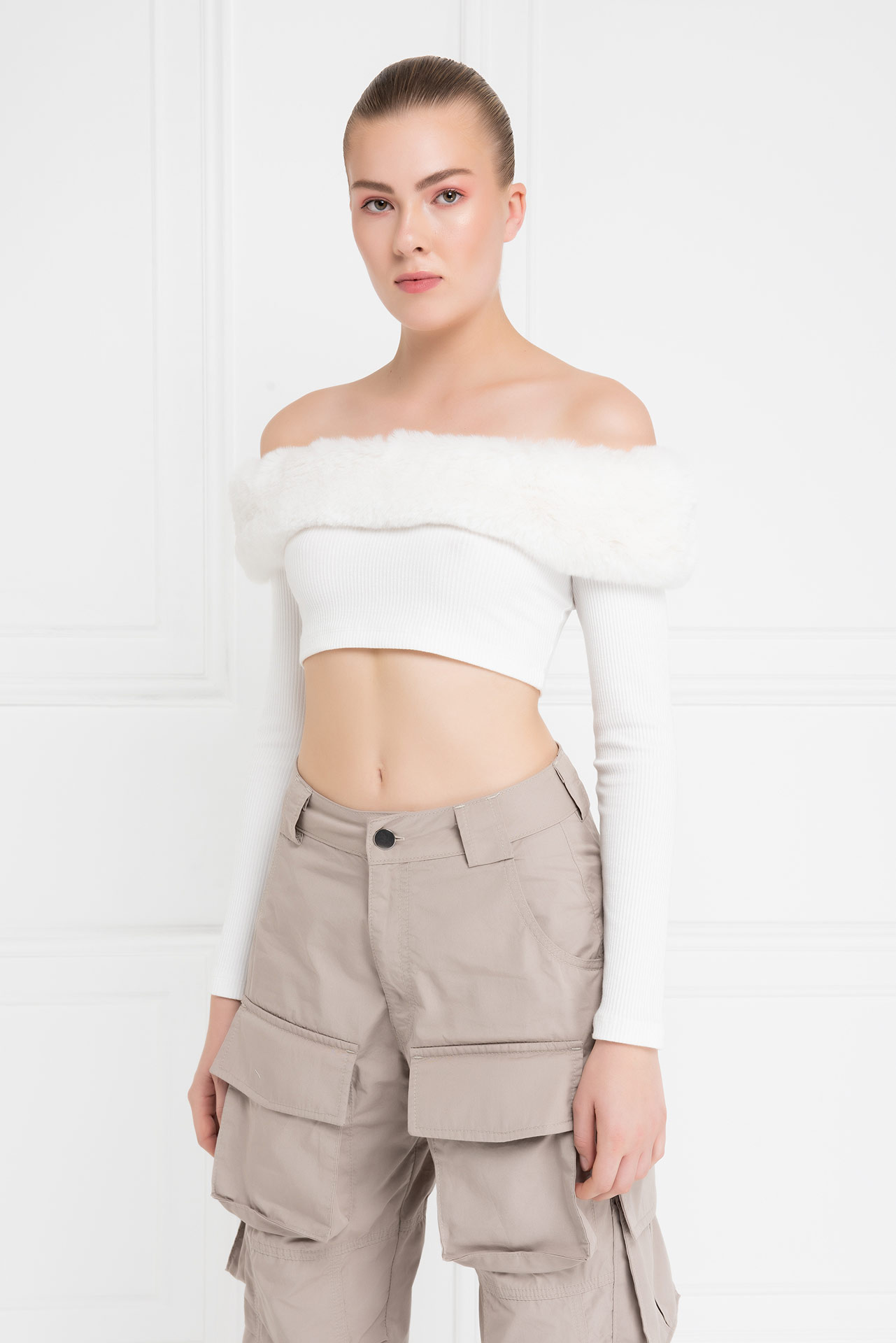 Offwhite Fur-Trim Off-the-Shoulder Top