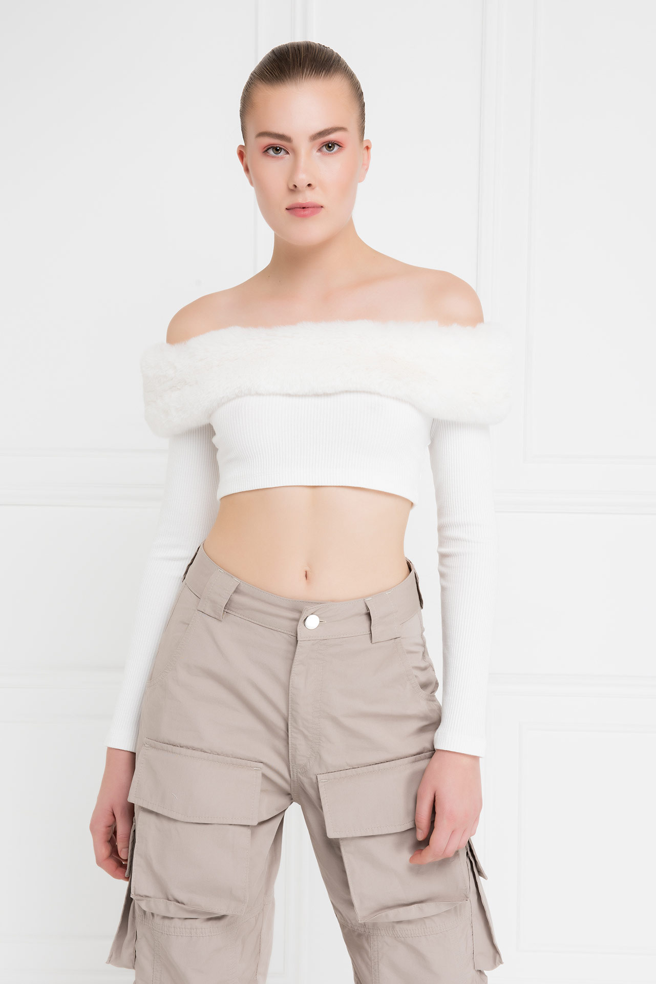 Offwhite Fur-Trim Off-the-Shoulder Top