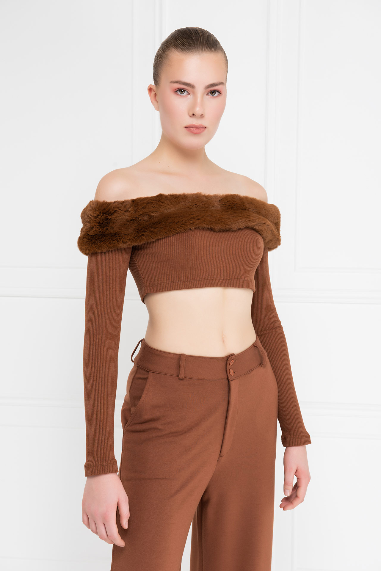 Taba Fur-Trim Off-the-Shoulder Top