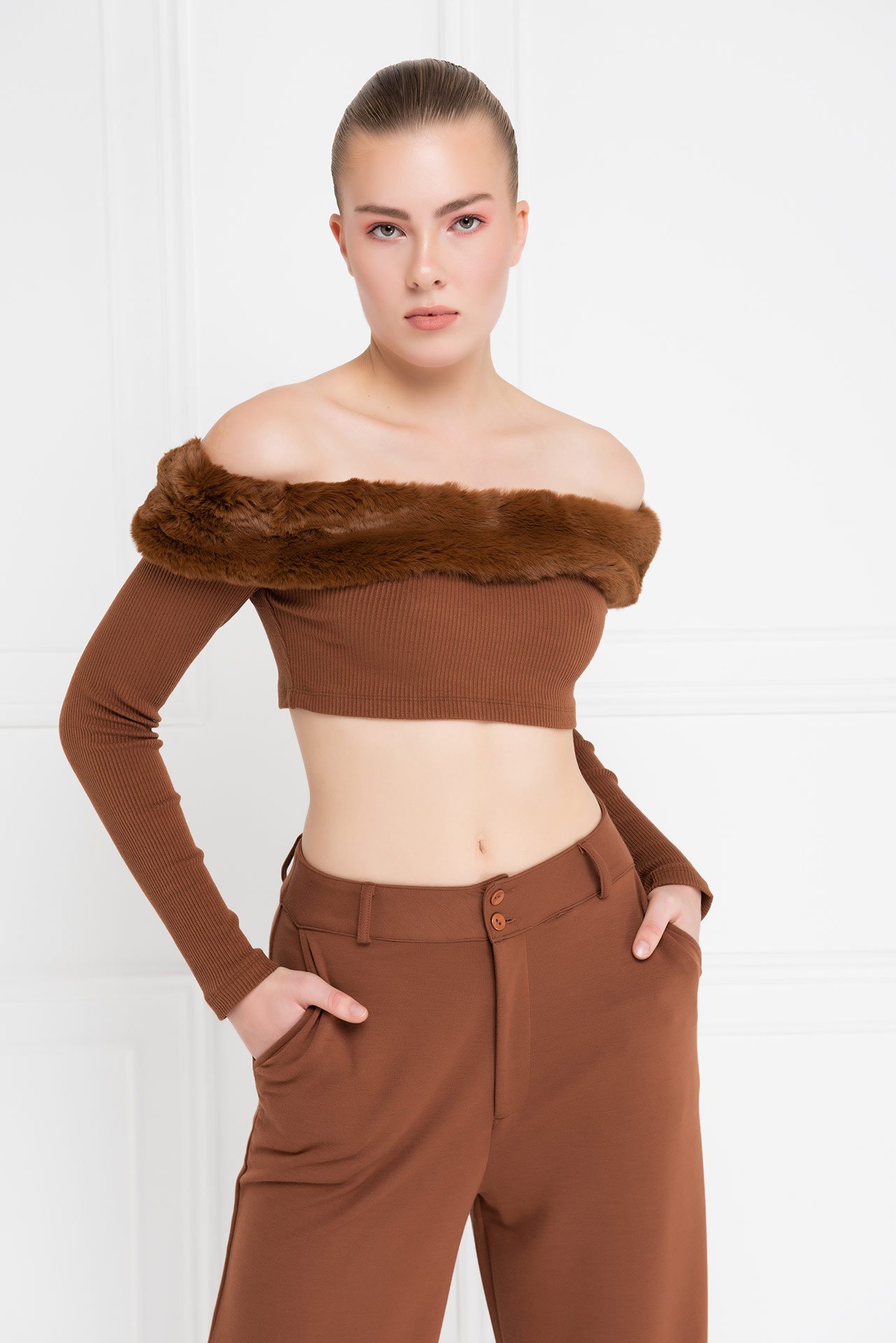 Taba Fur-Trim Off-the-Shoulder Top