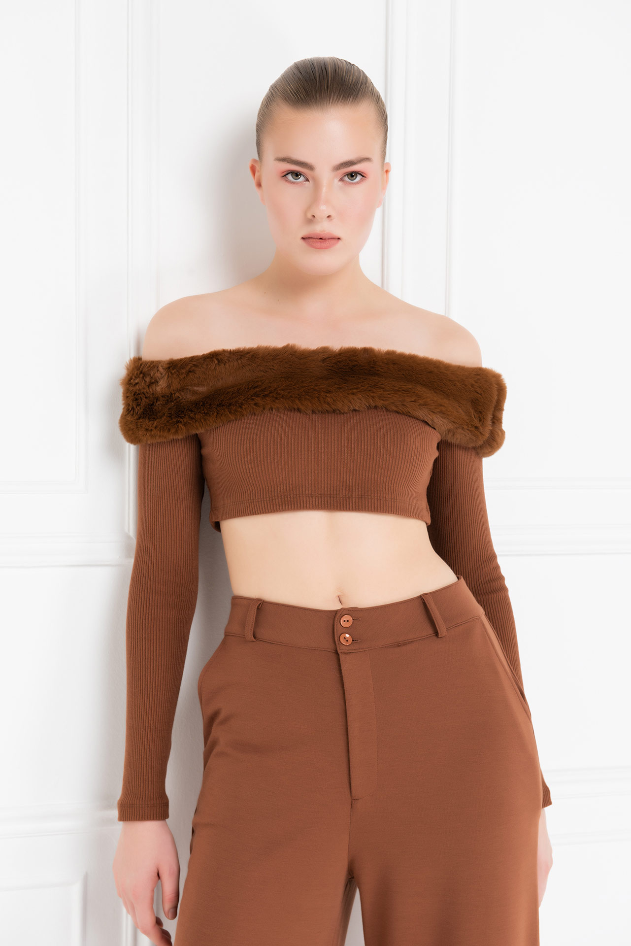 Taba Fur-Trim Off-the-Shoulder Top