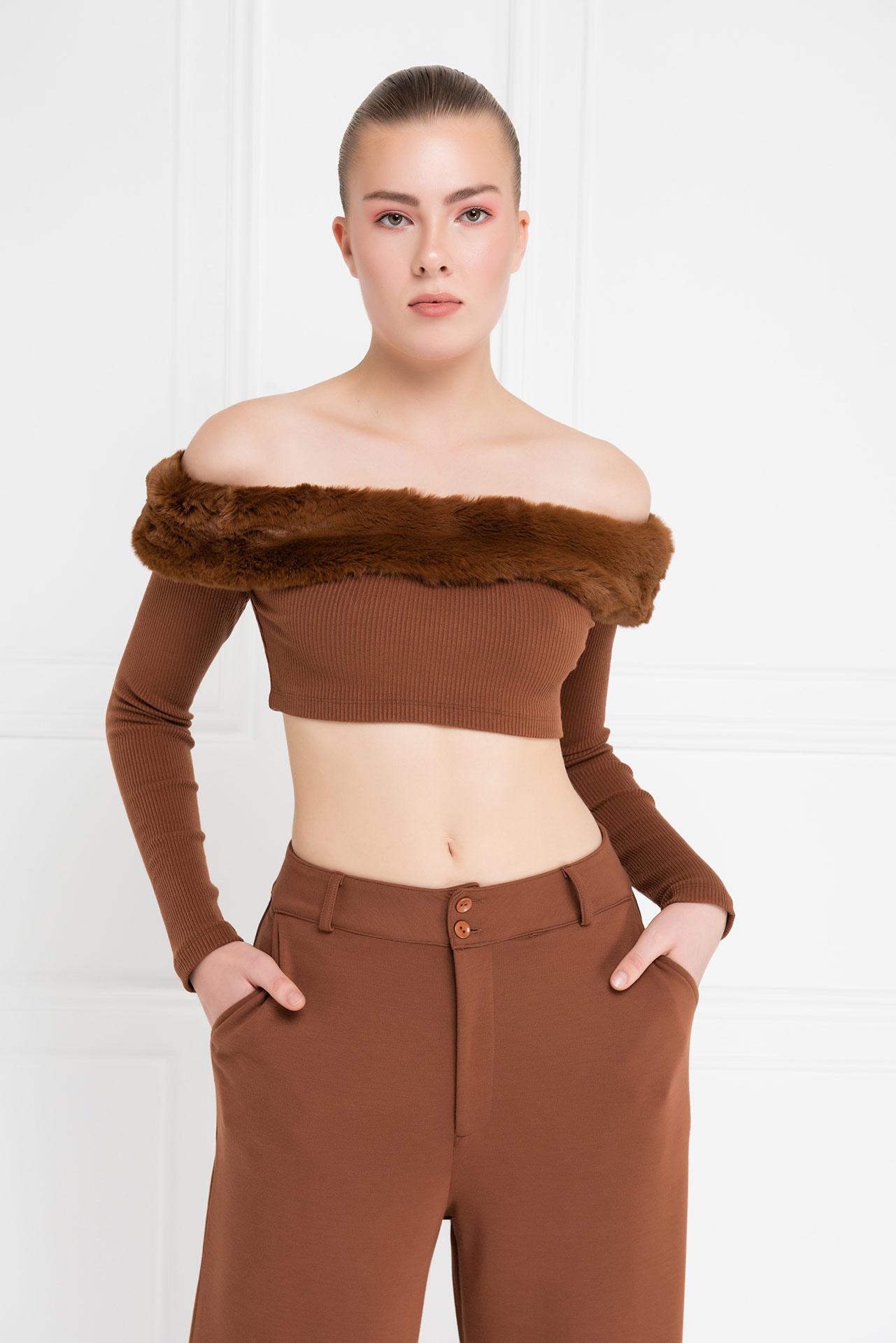 Taba Fur-Trim Off-the-Shoulder Top