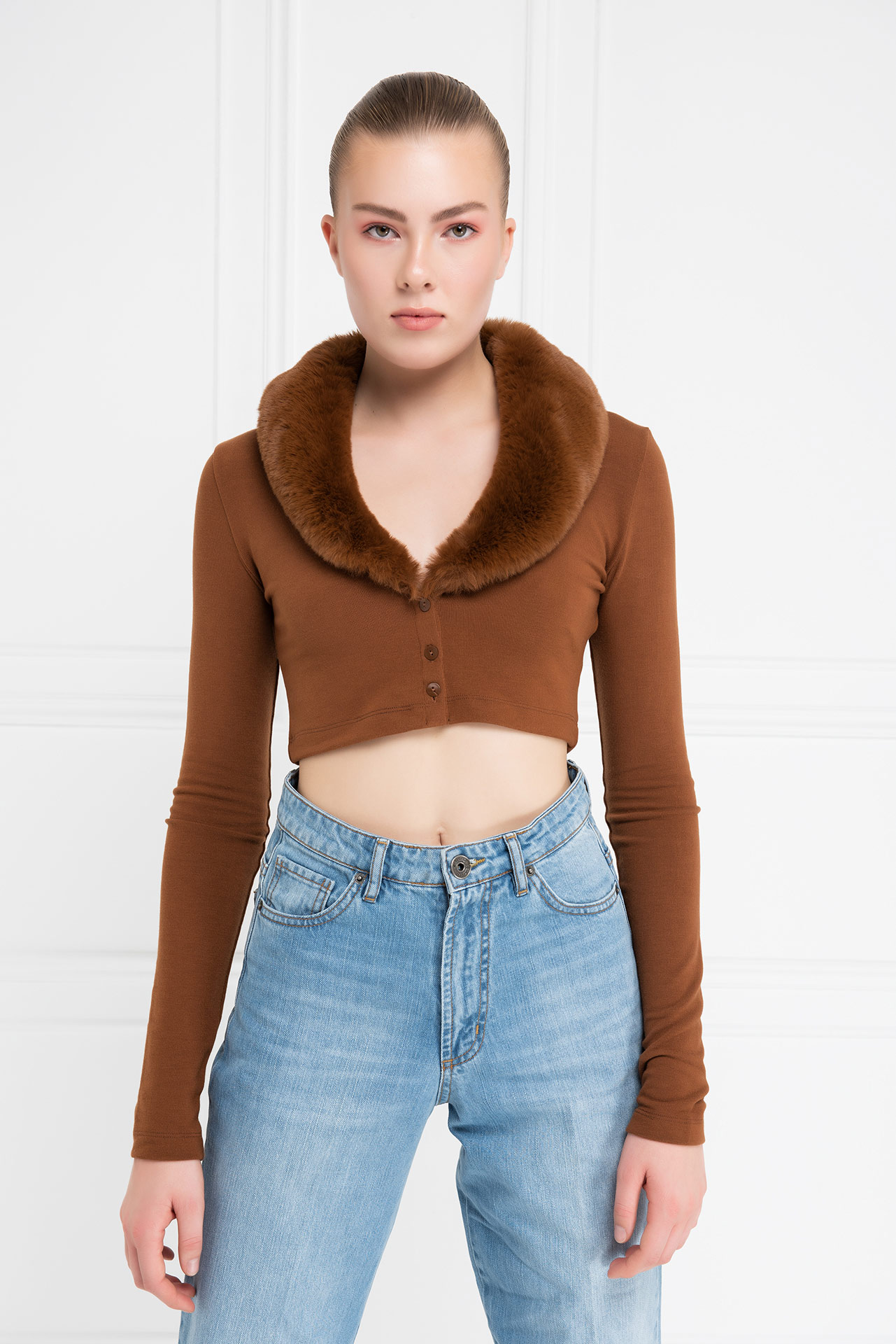 Tobacco Faux Fur Trim Cropped Cardigan