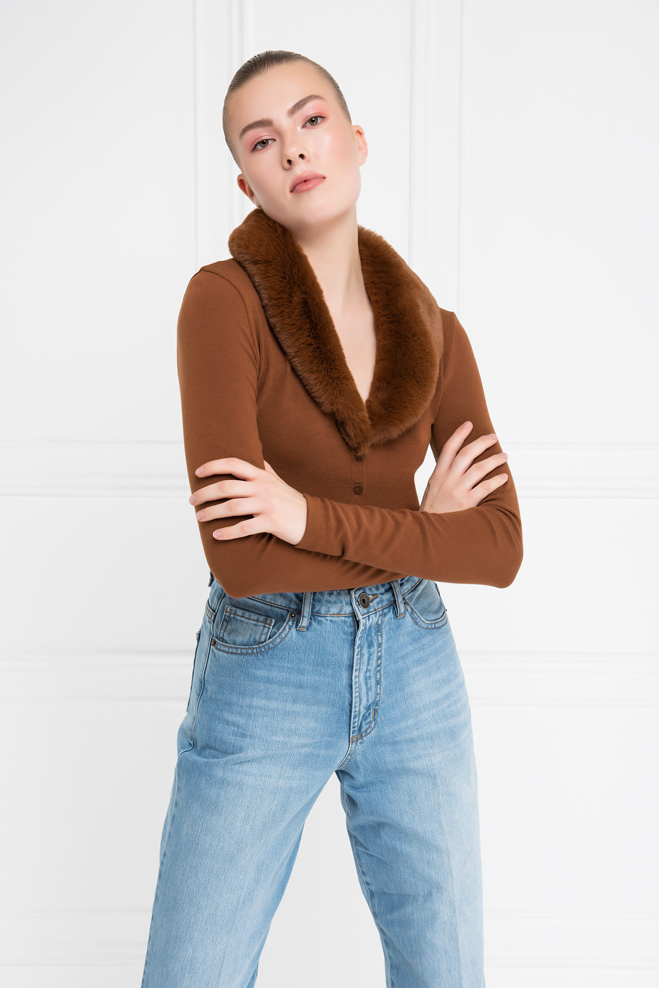 Tobacco Faux Fur Trim Cropped Cardigan