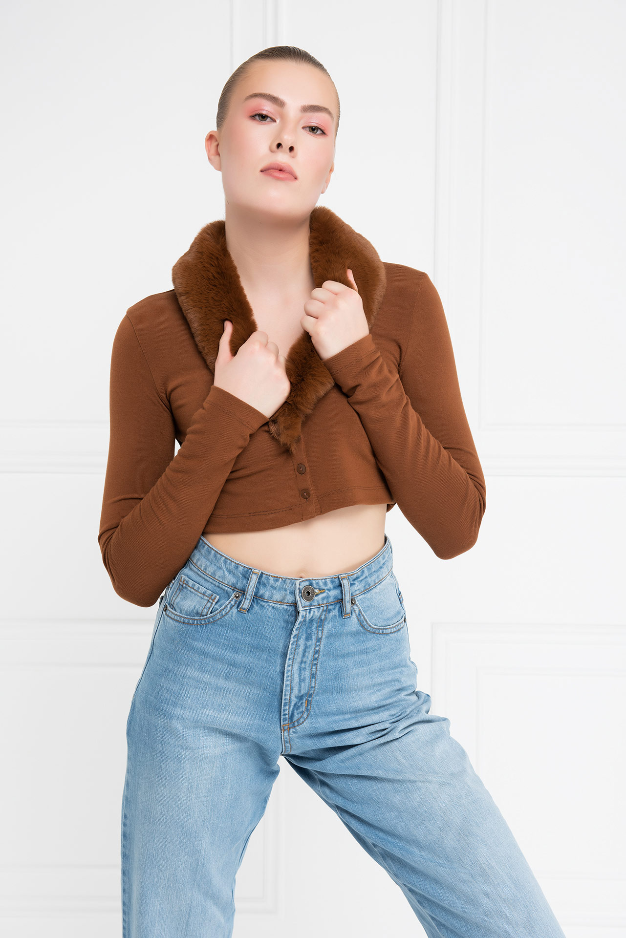 Tobacco Faux Fur Trim Cropped Cardigan