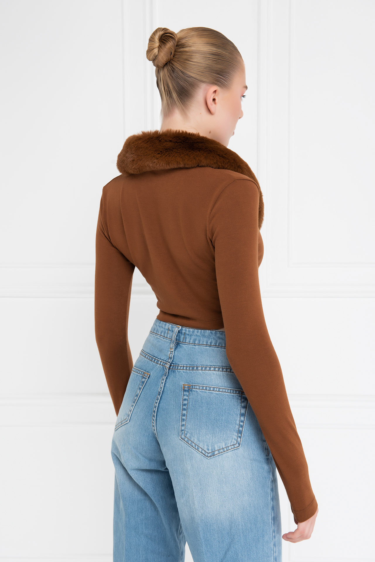 Tobacco Faux Fur Trim Cropped Cardigan