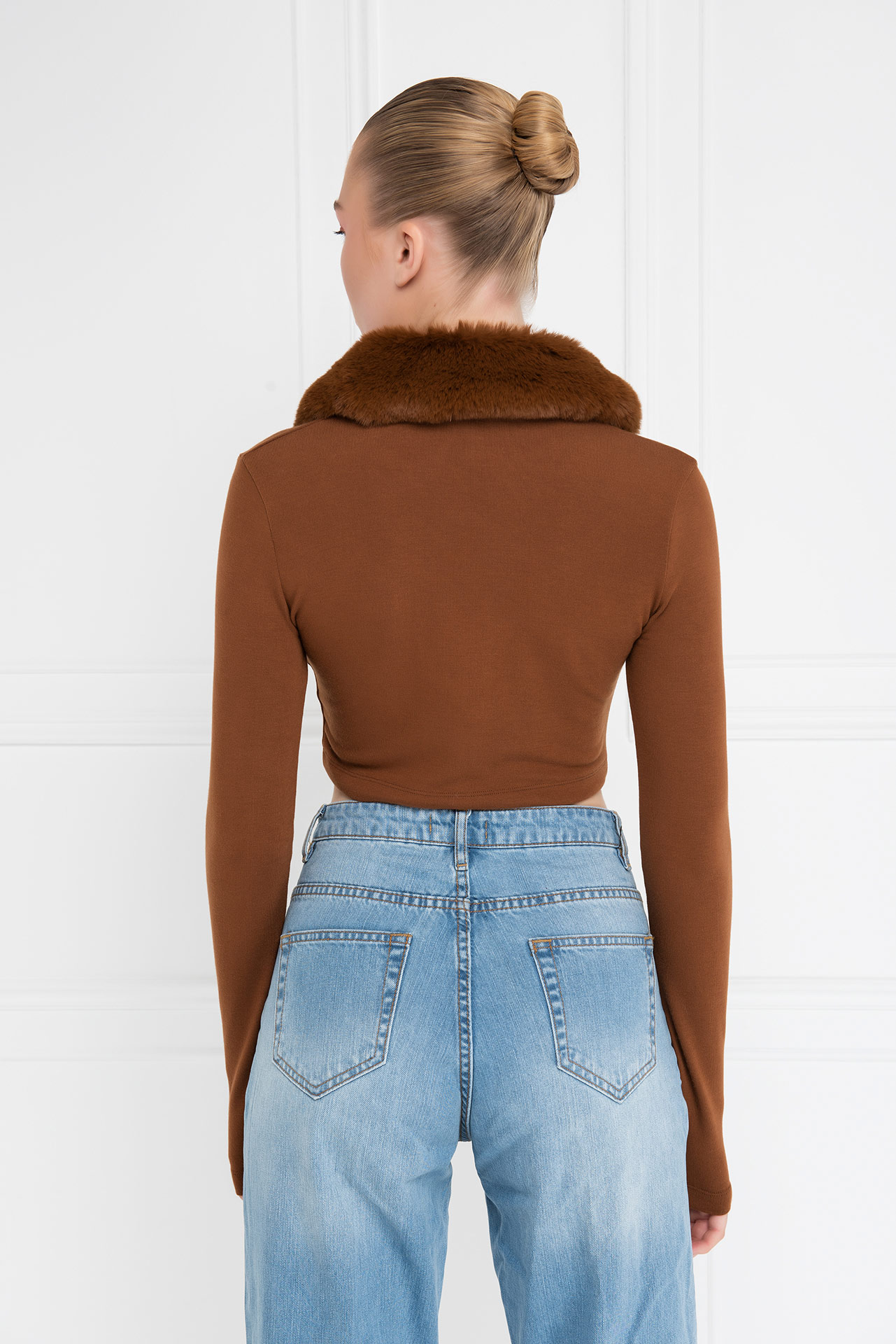 Tobacco Faux Fur Trim Cropped Cardigan