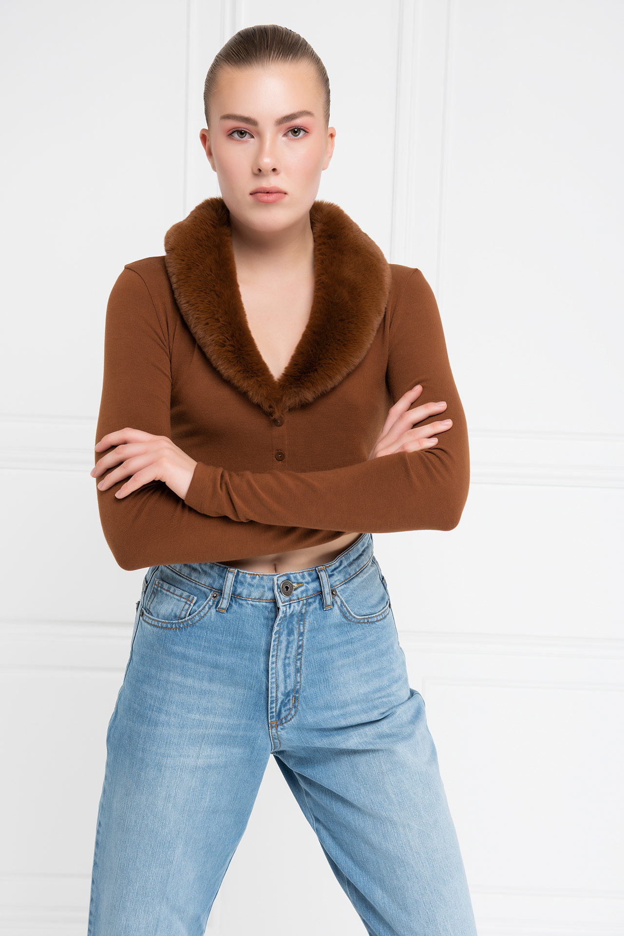 Tobacco Faux Fur Trim Cropped Cardigan