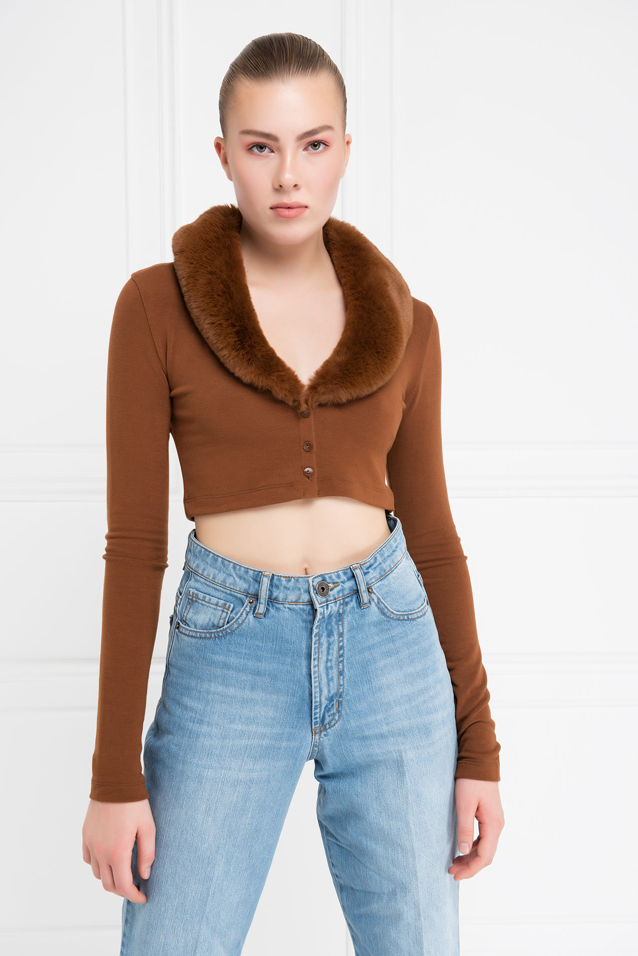 Tobacco Faux Fur Trim Cropped Cardigan