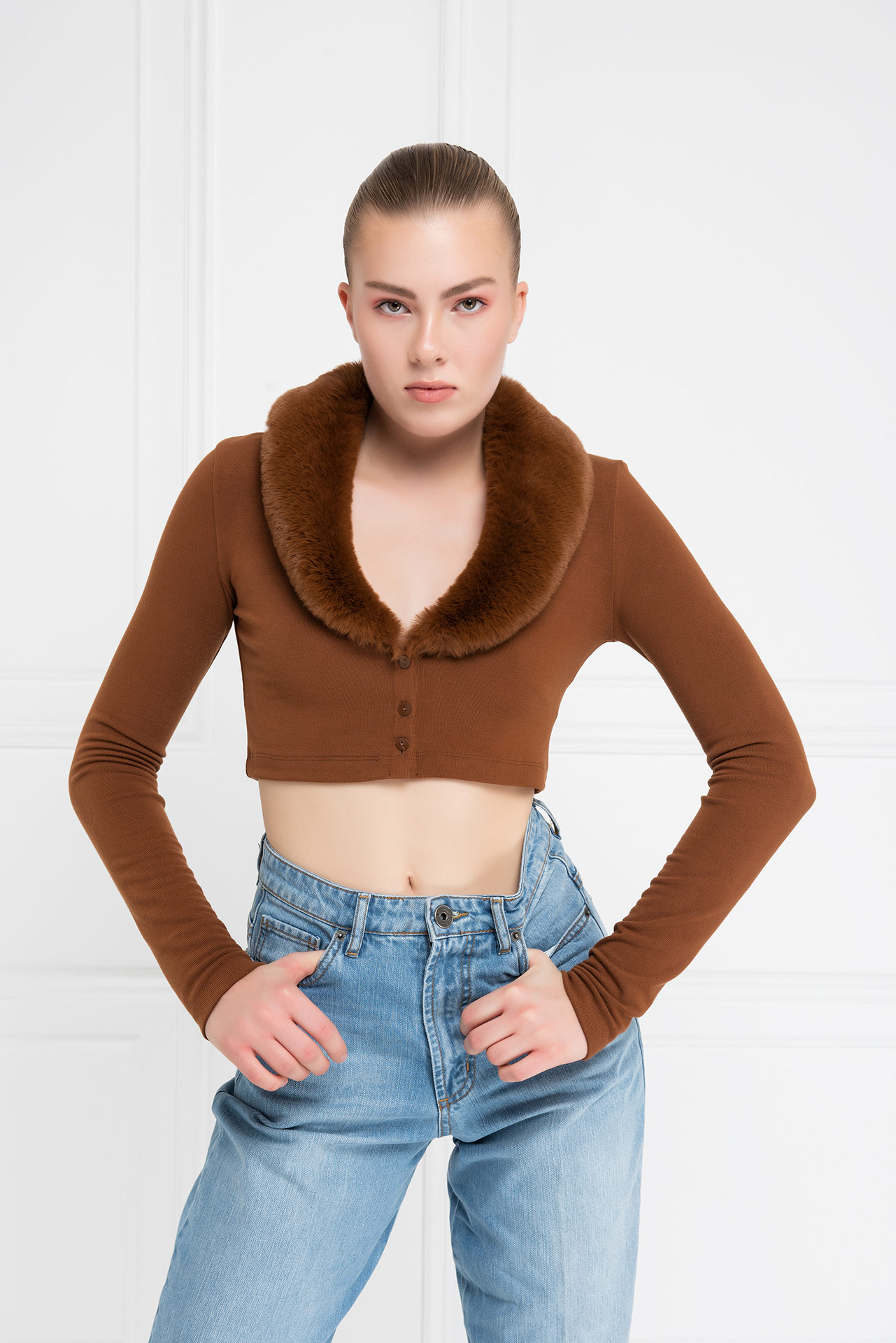 Tobacco Faux Fur Trim Cropped Cardigan