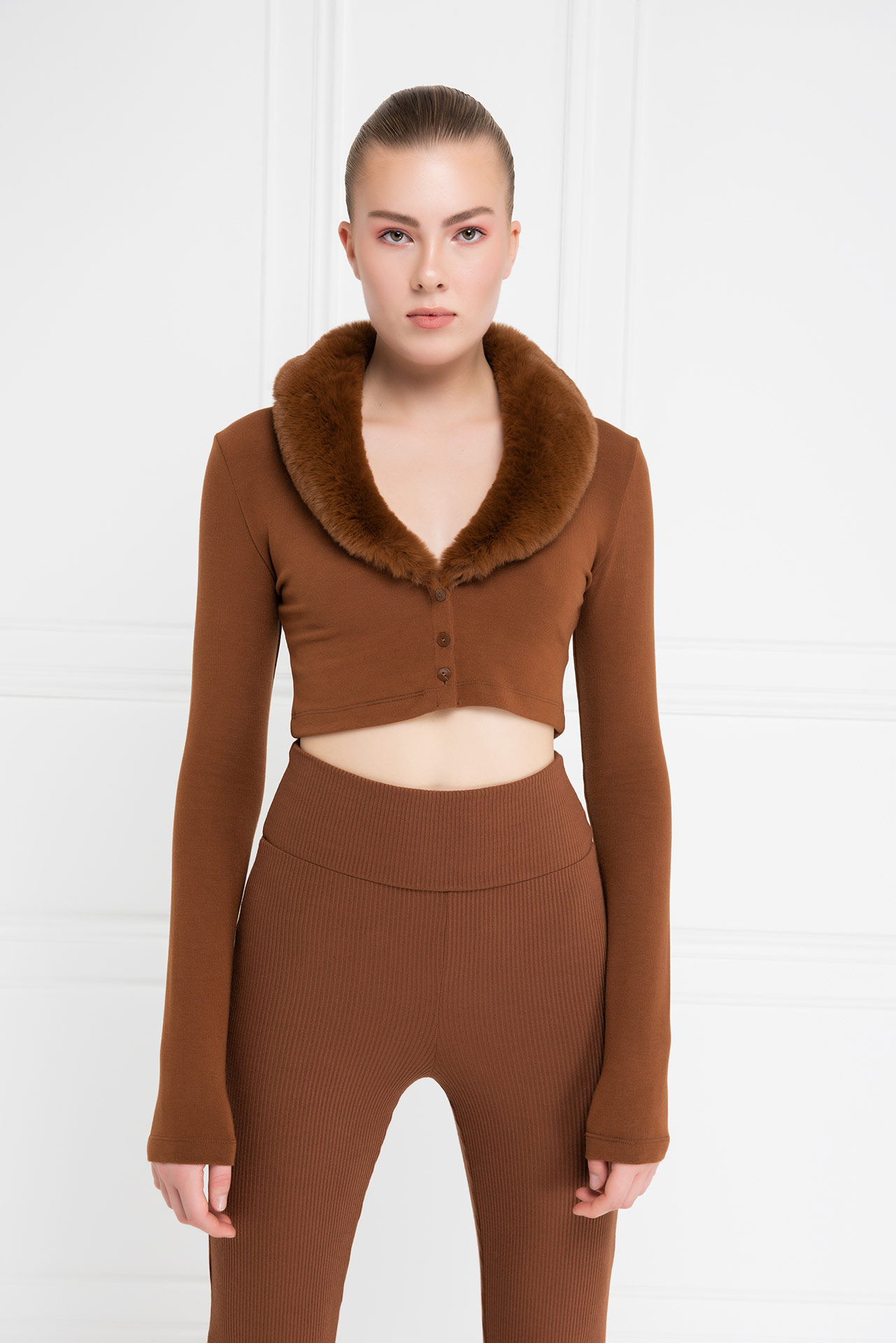 Tobacco Faux Fur Trim Cropped Cardigan