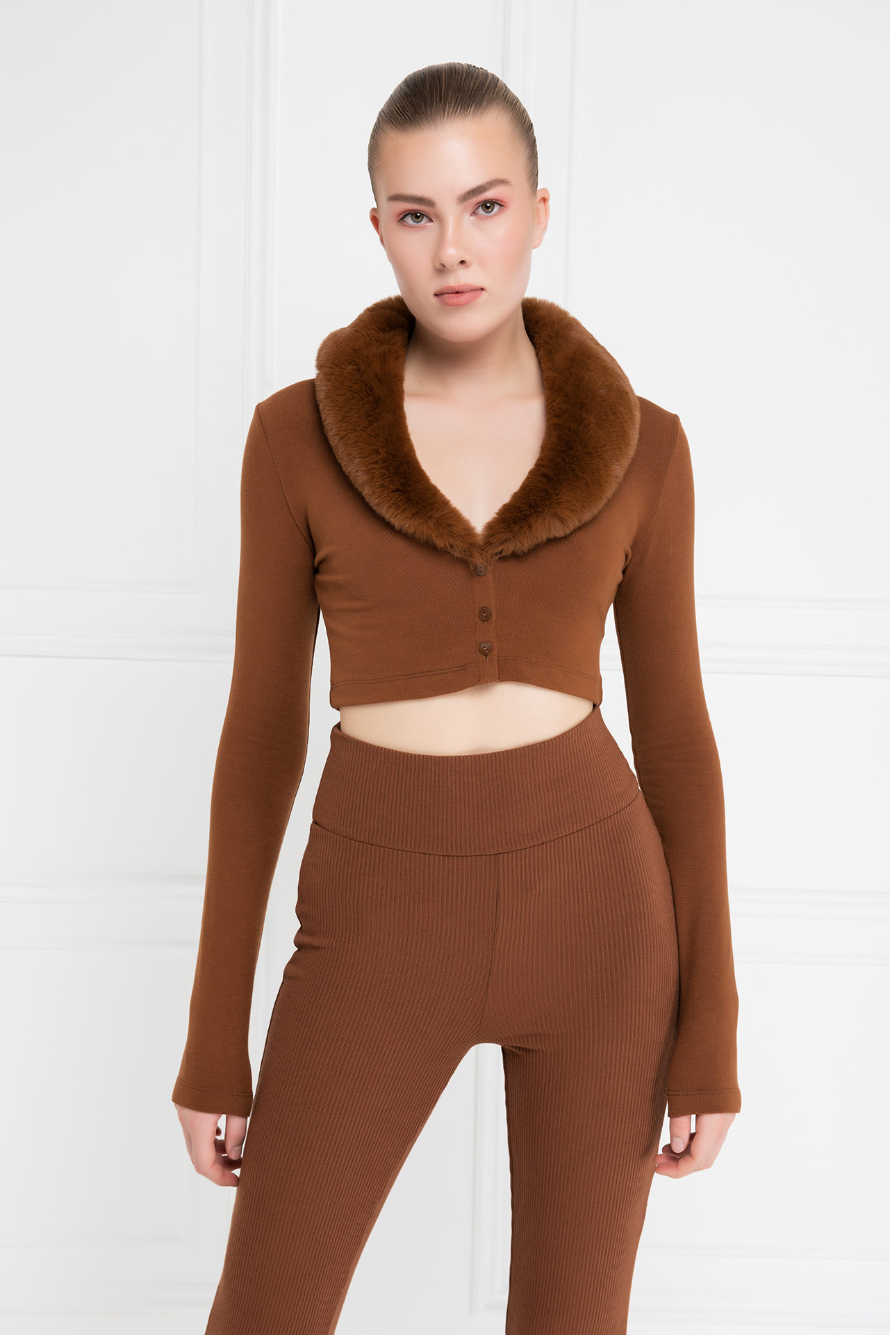 Tobacco Faux Fur Trim Cropped Cardigan