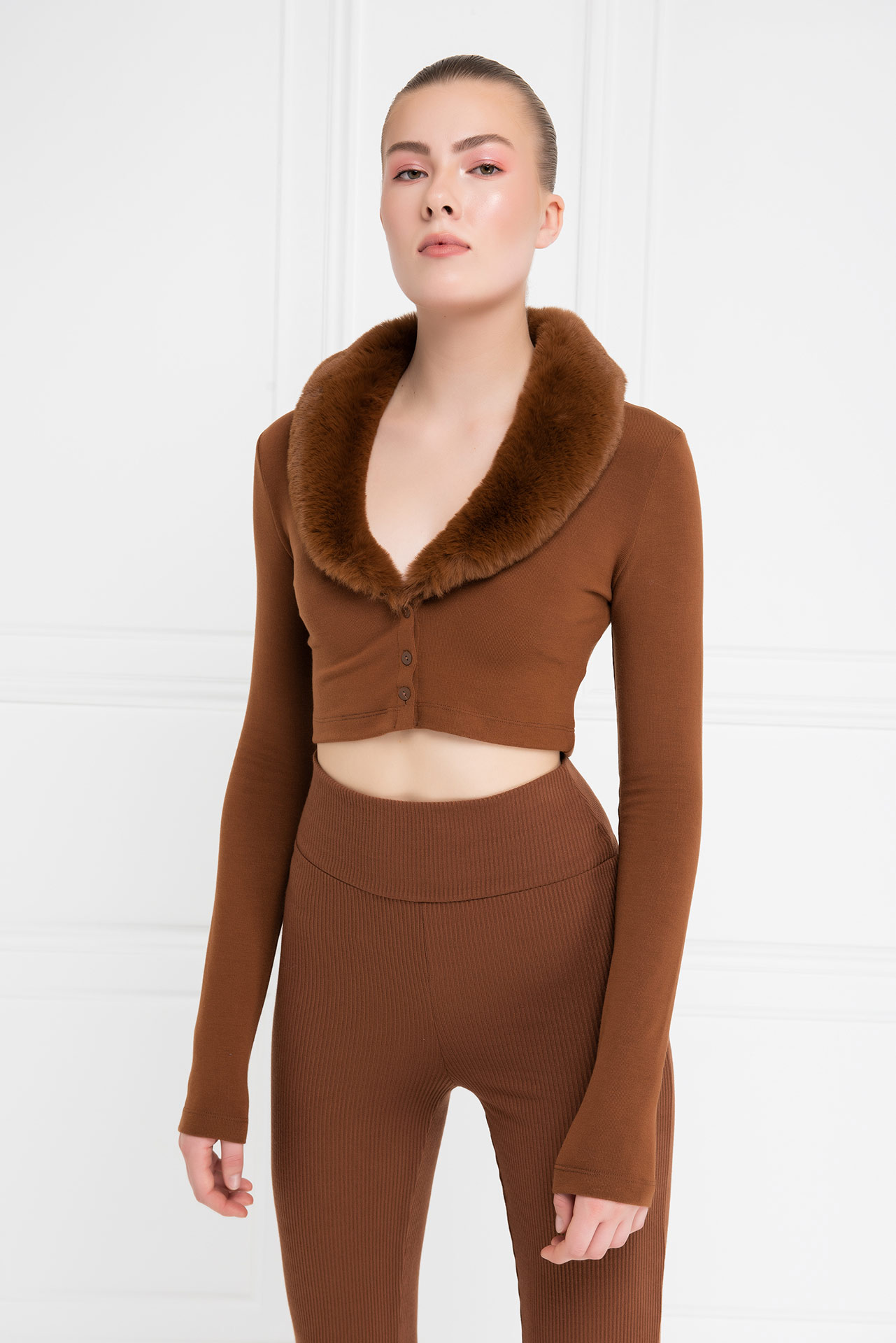 Tobacco Faux Fur Trim Cropped Cardigan