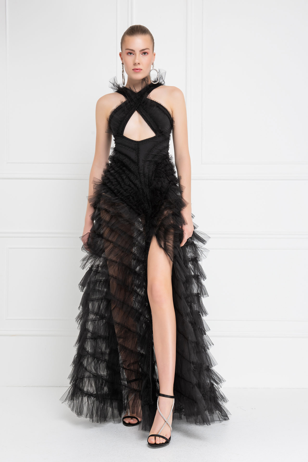 Wholesale Black Tiered-Ruffle Mesh Maxi Dress