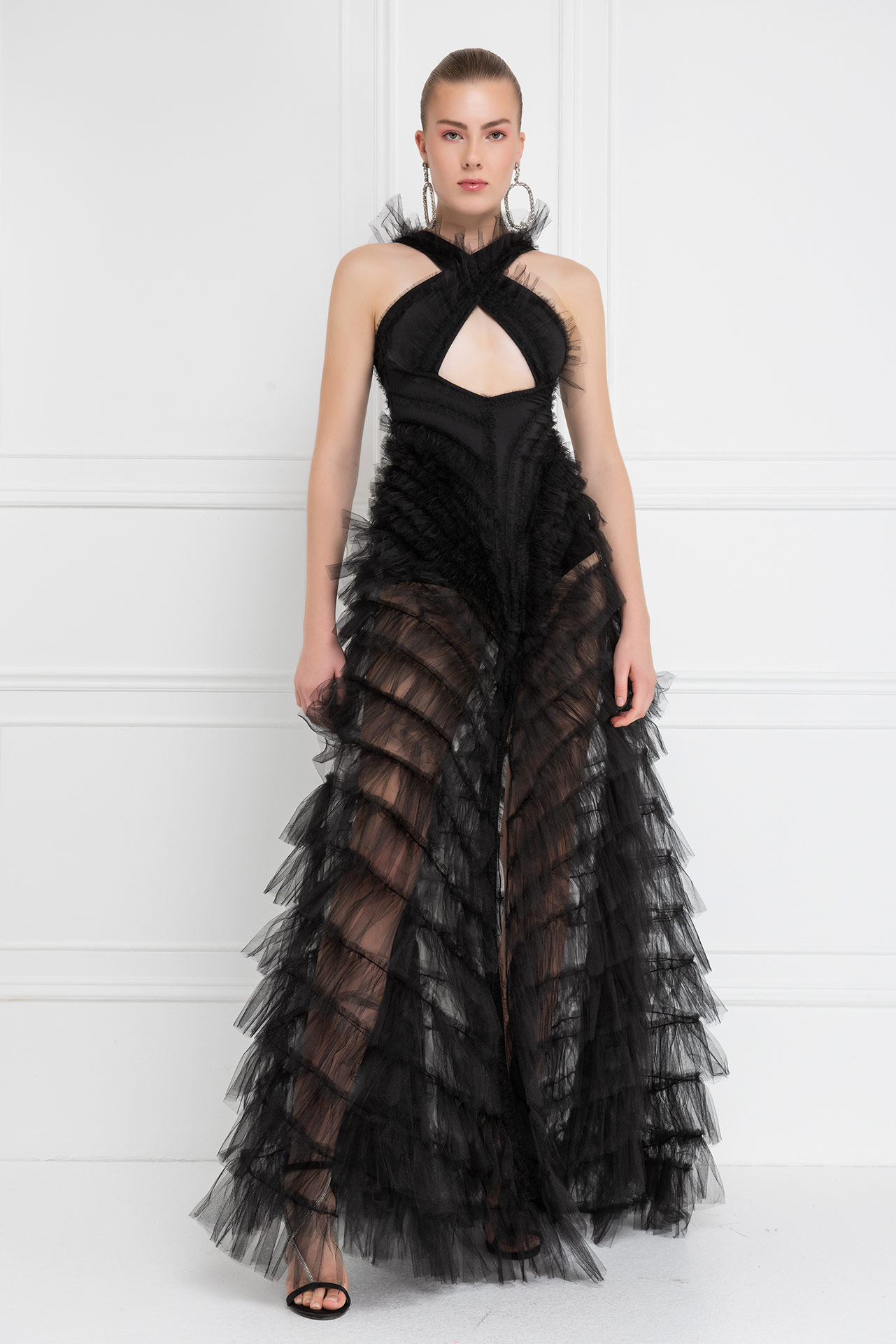 Wholesale Black Tiered-Ruffle Mesh Maxi Dress