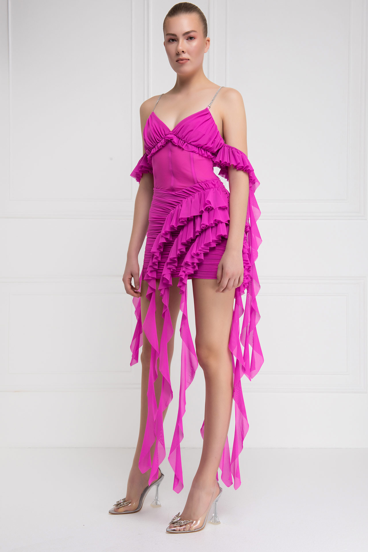 New Fuschia Ruffle-Trim Cami Mini Dress
