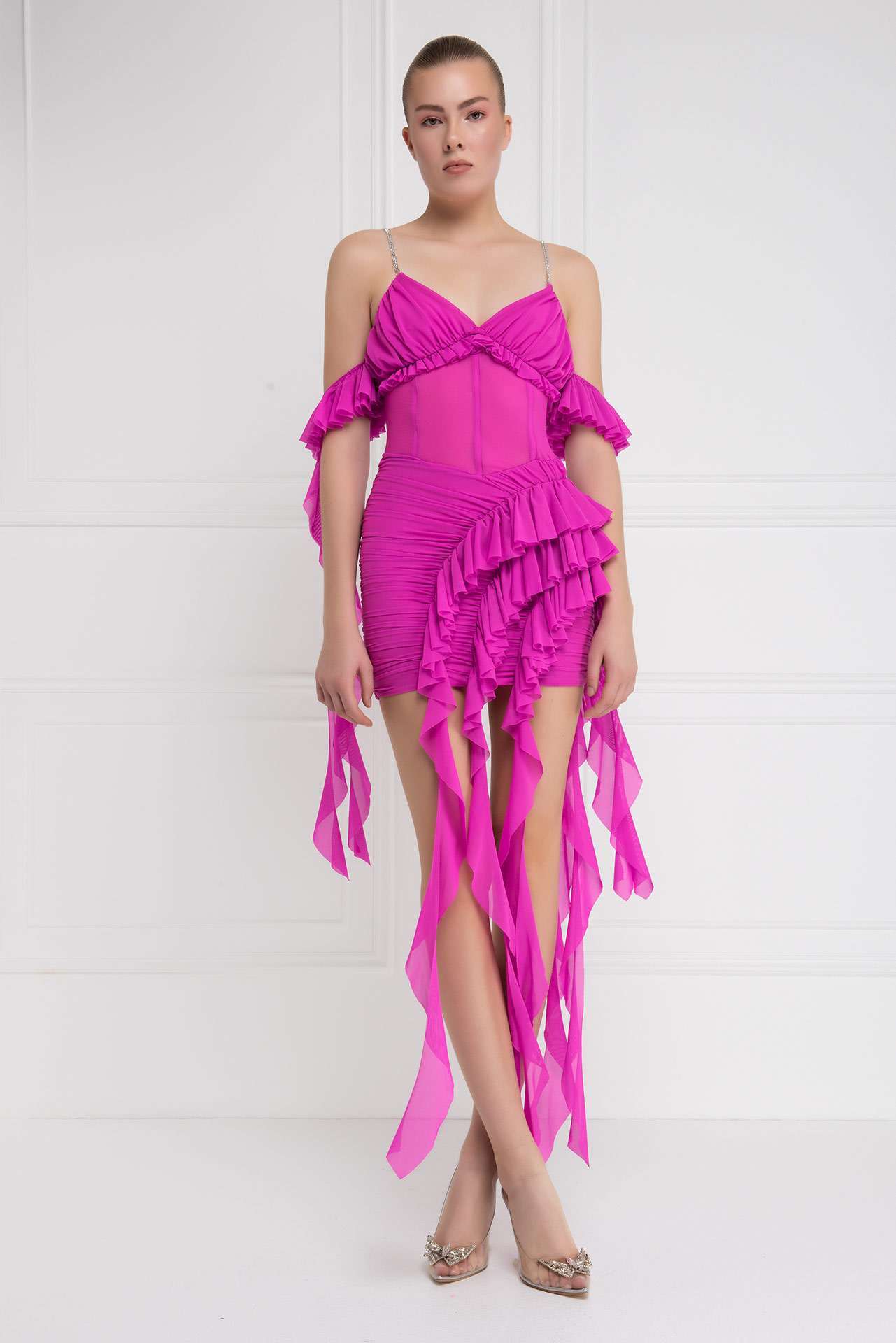 Wholesale New Fuschia Ruffle-Trim Cami Mini Dress