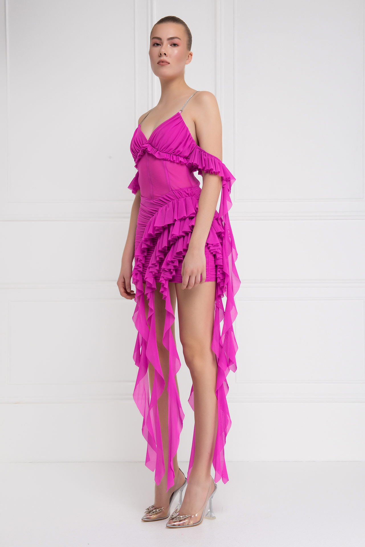 Wholesale New Fuschia Ruffle-Trim Cami Mini Dress