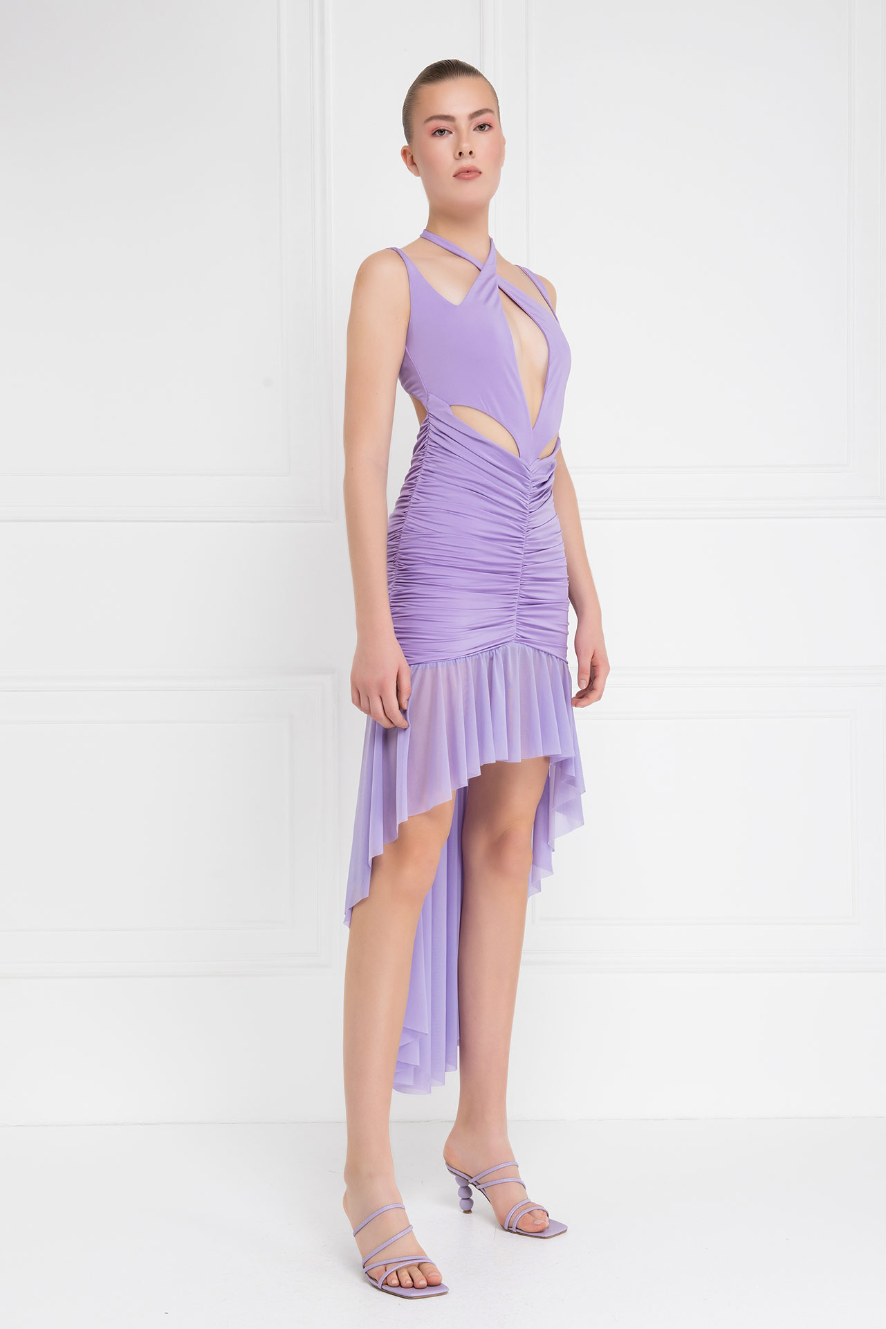 New Lilac Cut Out Front Ruffled Dress