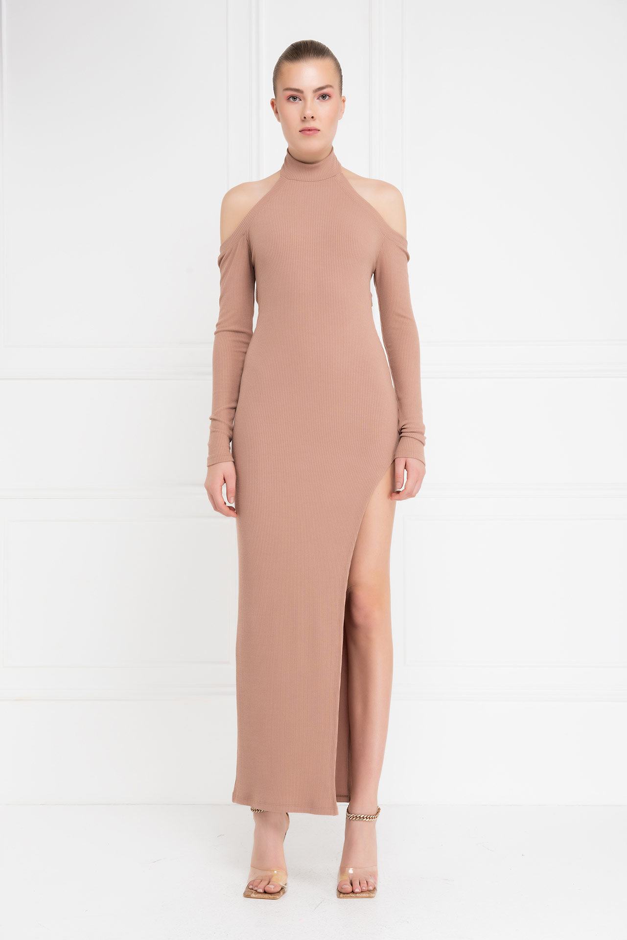 оптовая Caramel Cut Out Shoulder Split-Side Maxi Dress