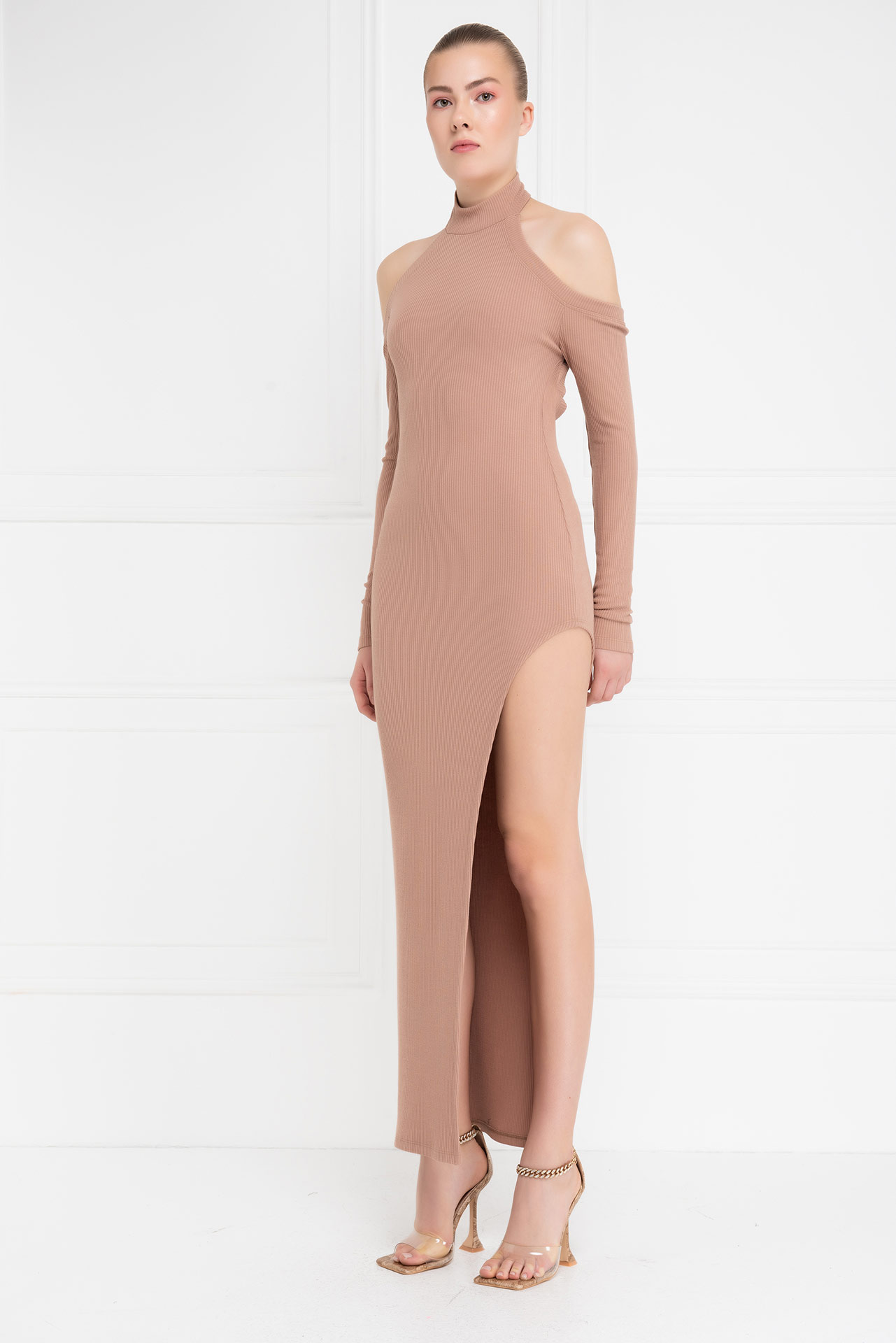 Caramel Cut Out Shoulder Split-Side Maxi Dress