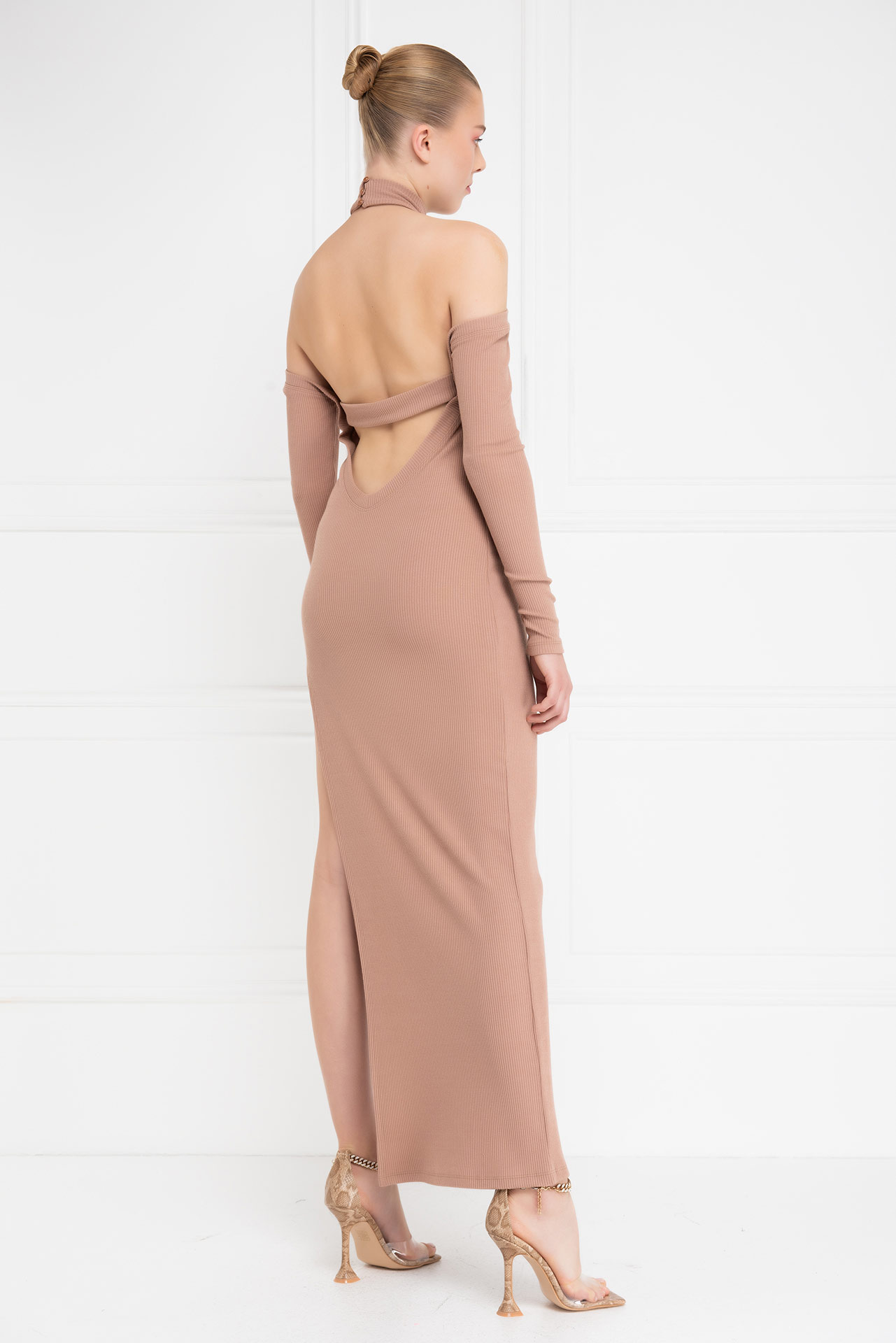 Caramel Cut Out Shoulder Split-Side Maxi Dress