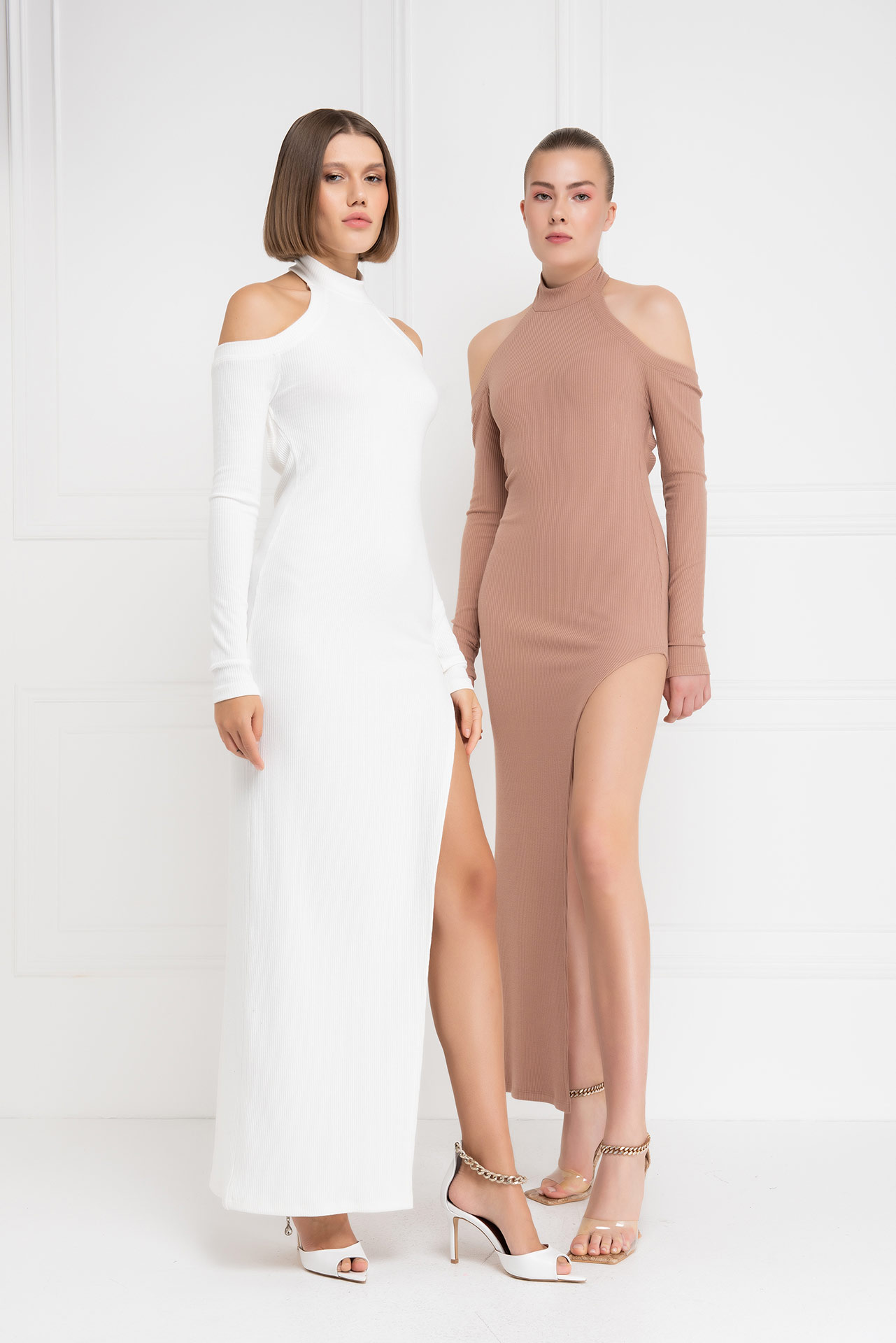 Wholesale Caramel Cut Out Shoulder Split-Side Maxi Dress