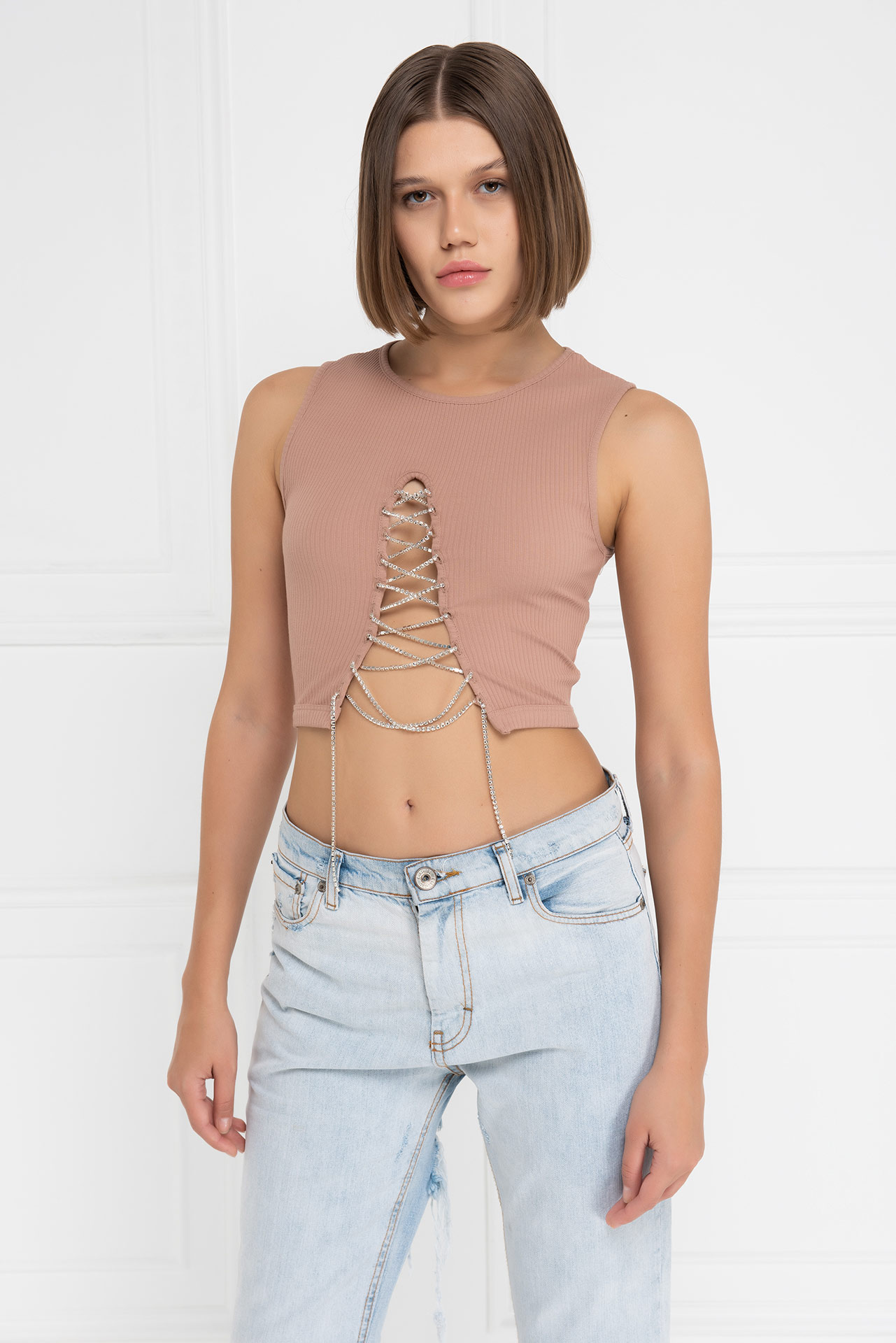 Wholesale Caramel Chain-Front Cropped Top