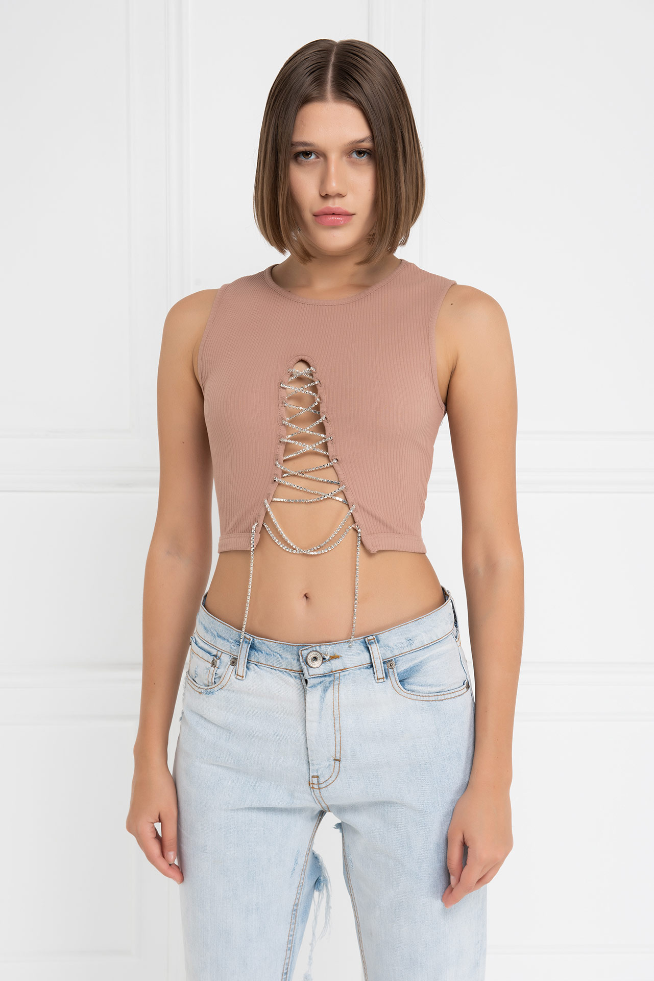 Wholesale Caramel Chain-Front Cropped Top