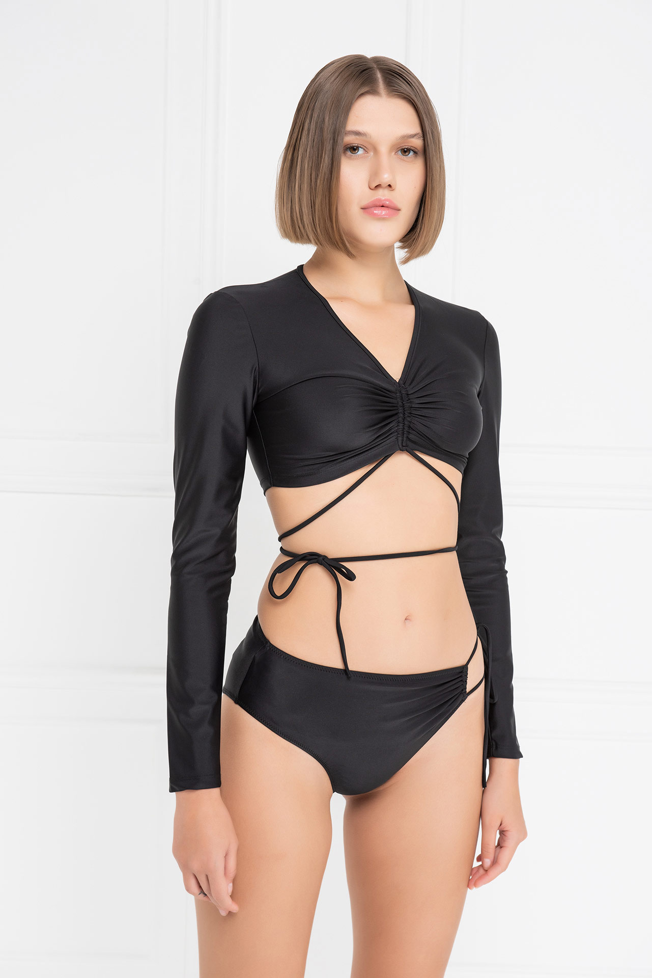оптовая черный Strappy Shirred Bikini Set