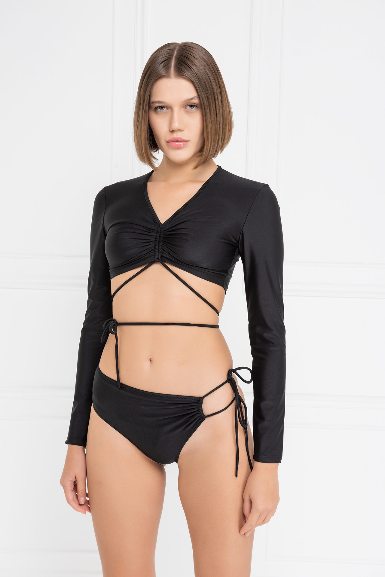 Wholesale Black Strappy Shirred Bikini Set