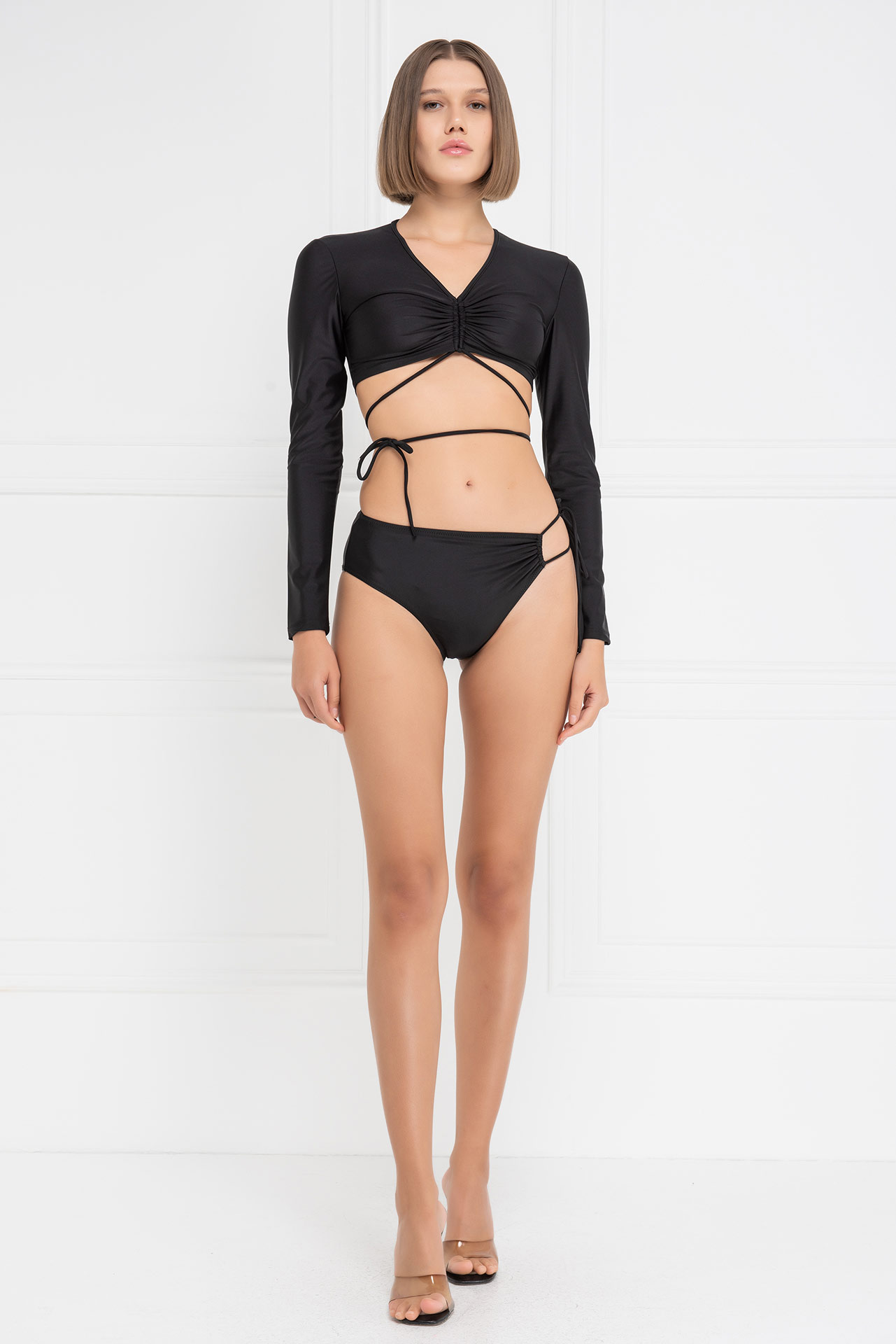 оптовая черный Strappy Shirred Bikini Set
