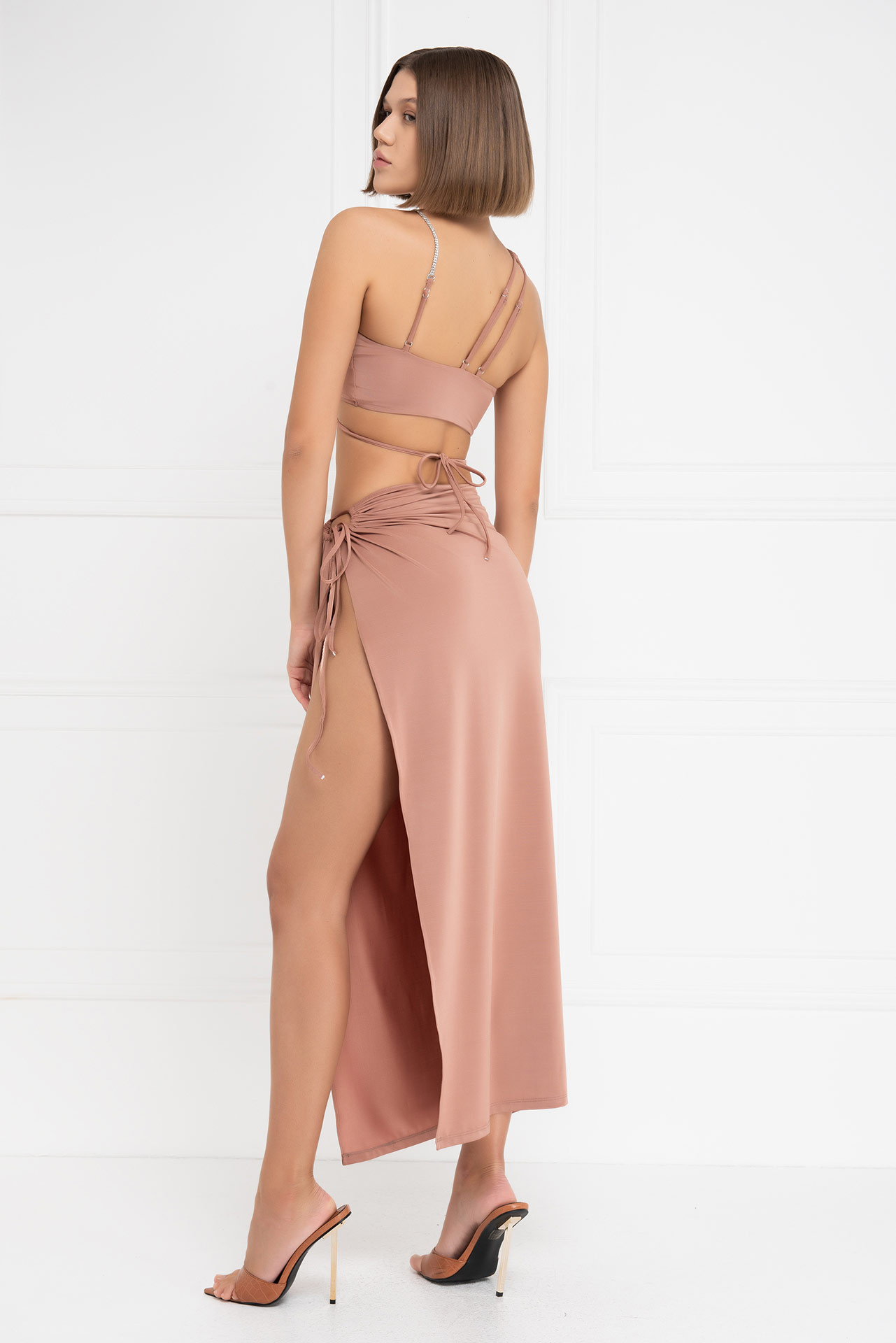 Wholesale Caramel Strappy Cropped Cami & Split-Leg Skirt Set