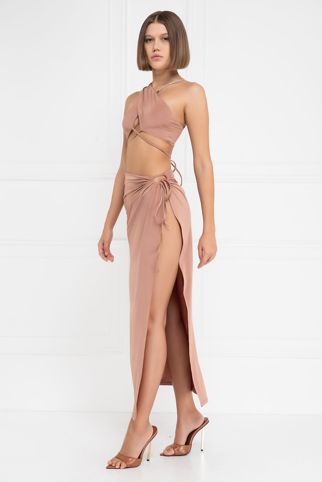 Wholesale Caramel Strappy Cropped Cami & Split-Leg Skirt Set