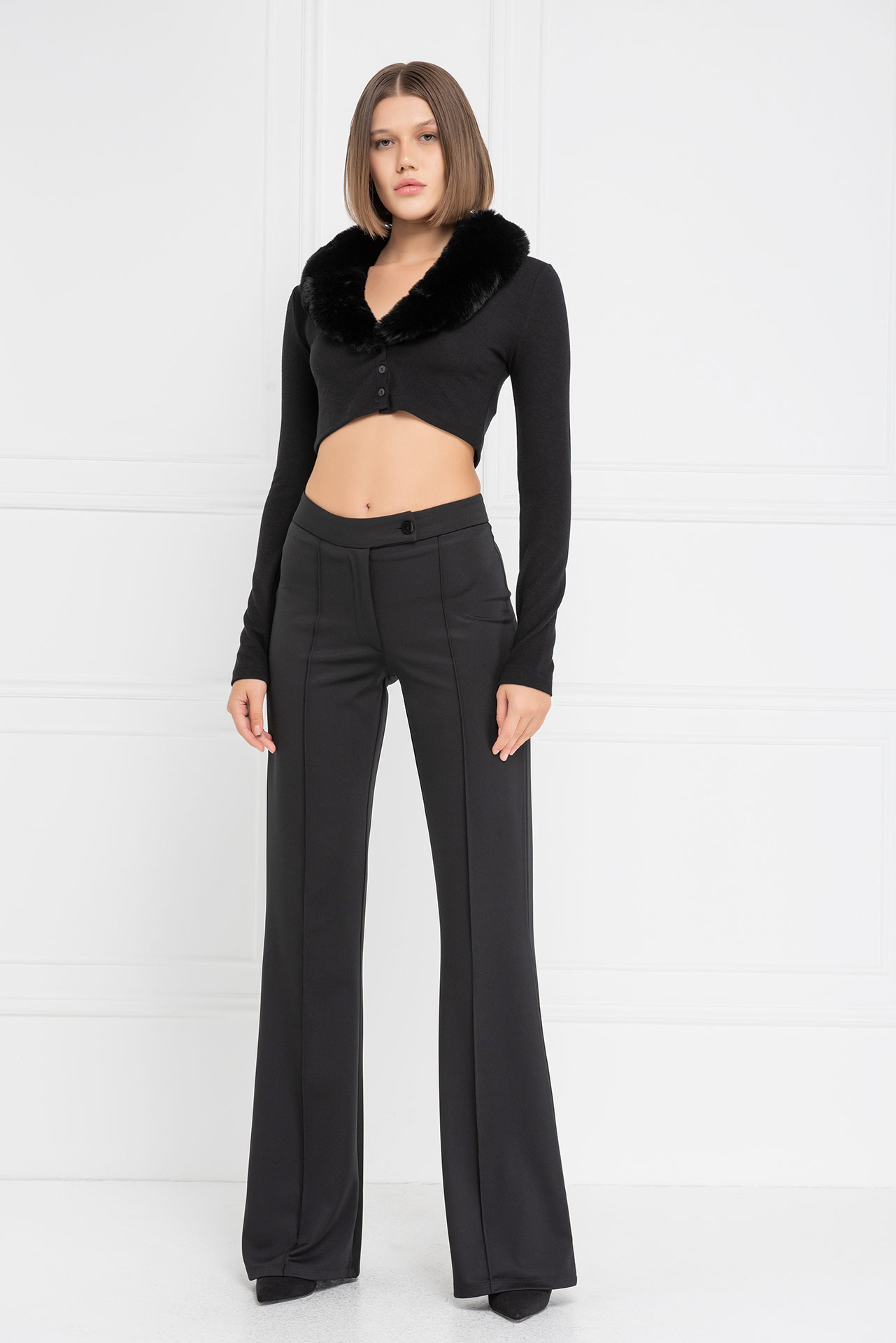 Black Faux Fur Trim Cropped Cardigan