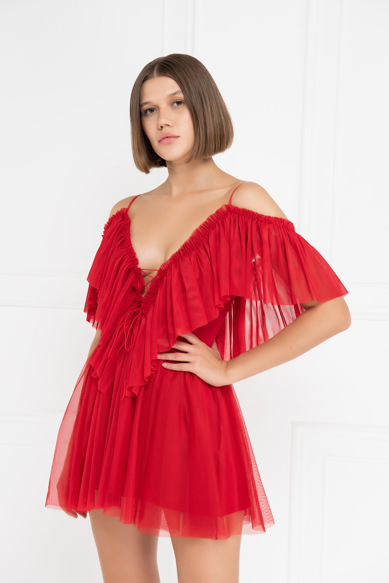 Wholesale Red Off-the-Shoulder Cami Tulle Dress