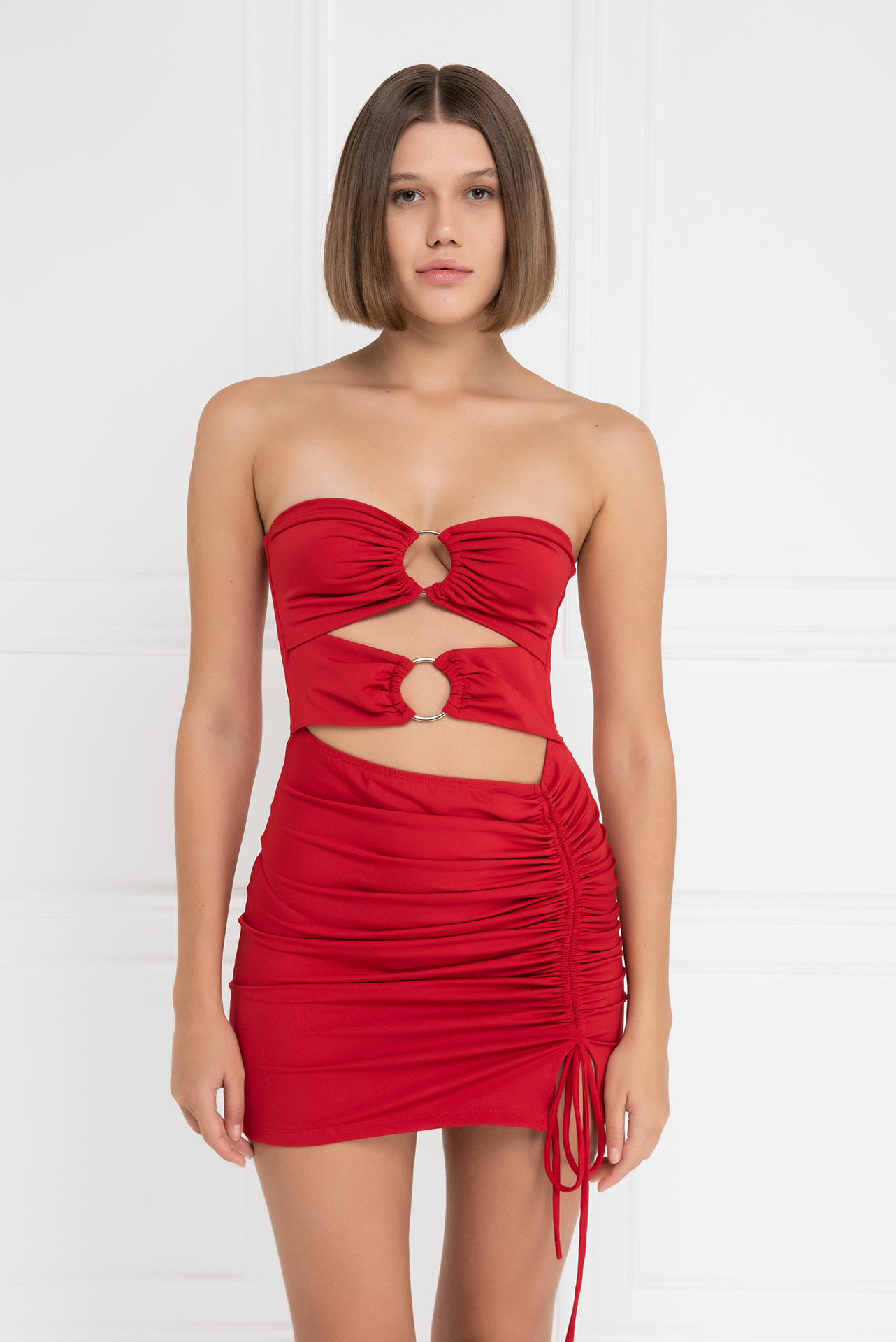 Kırmızı Straplez Büzgülü Mini Elbise