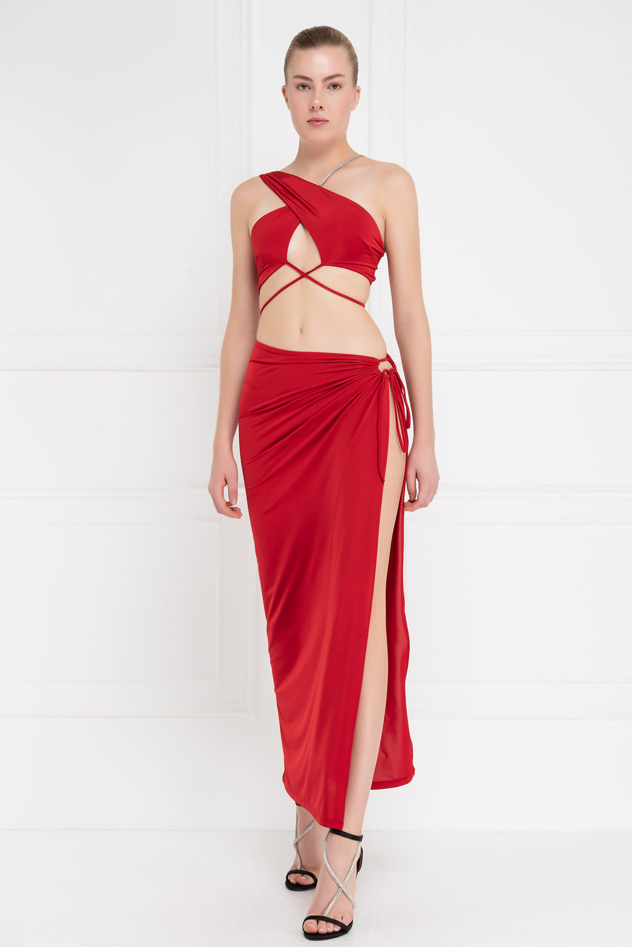 Wholesale Red Strappy Cropped Cami & Split-Leg Skirt Set