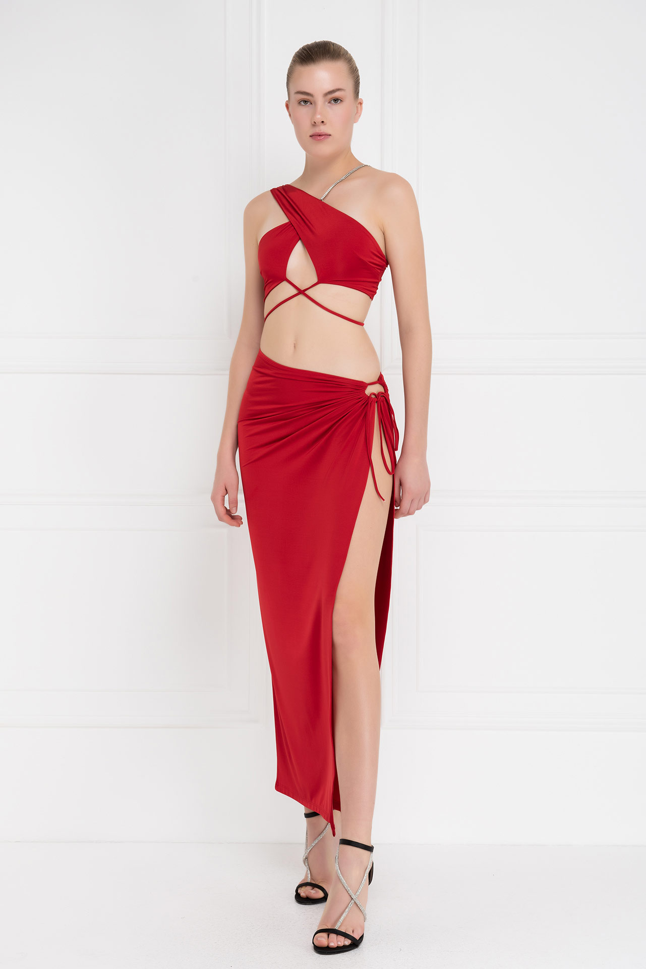 красный Strappy Cropped Cami & Split-Leg Skirt Set