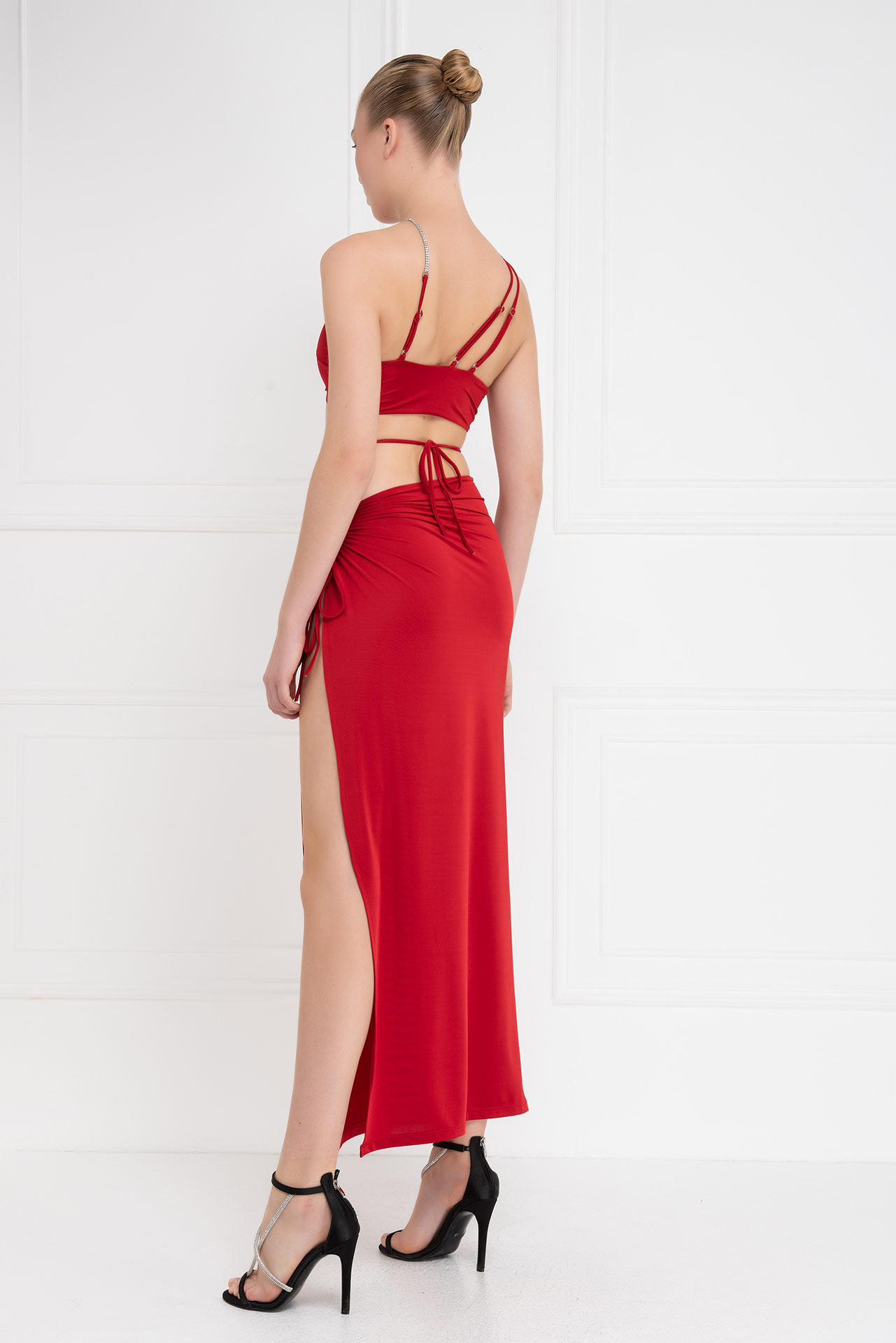 оптовая красный Strappy Cropped Cami & Split-Leg Skirt Set