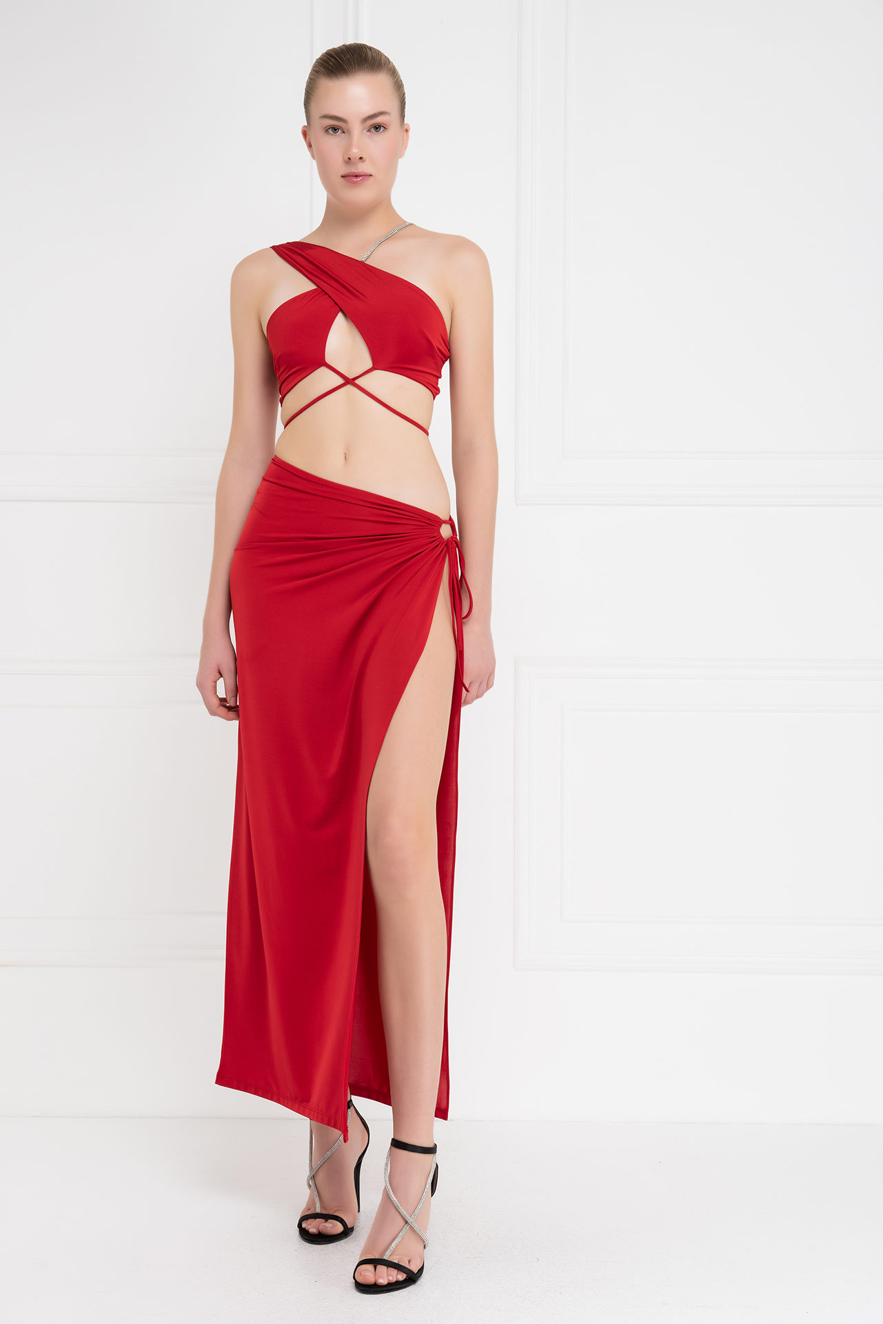оптовая красный Strappy Cropped Cami & Split-Leg Skirt Set