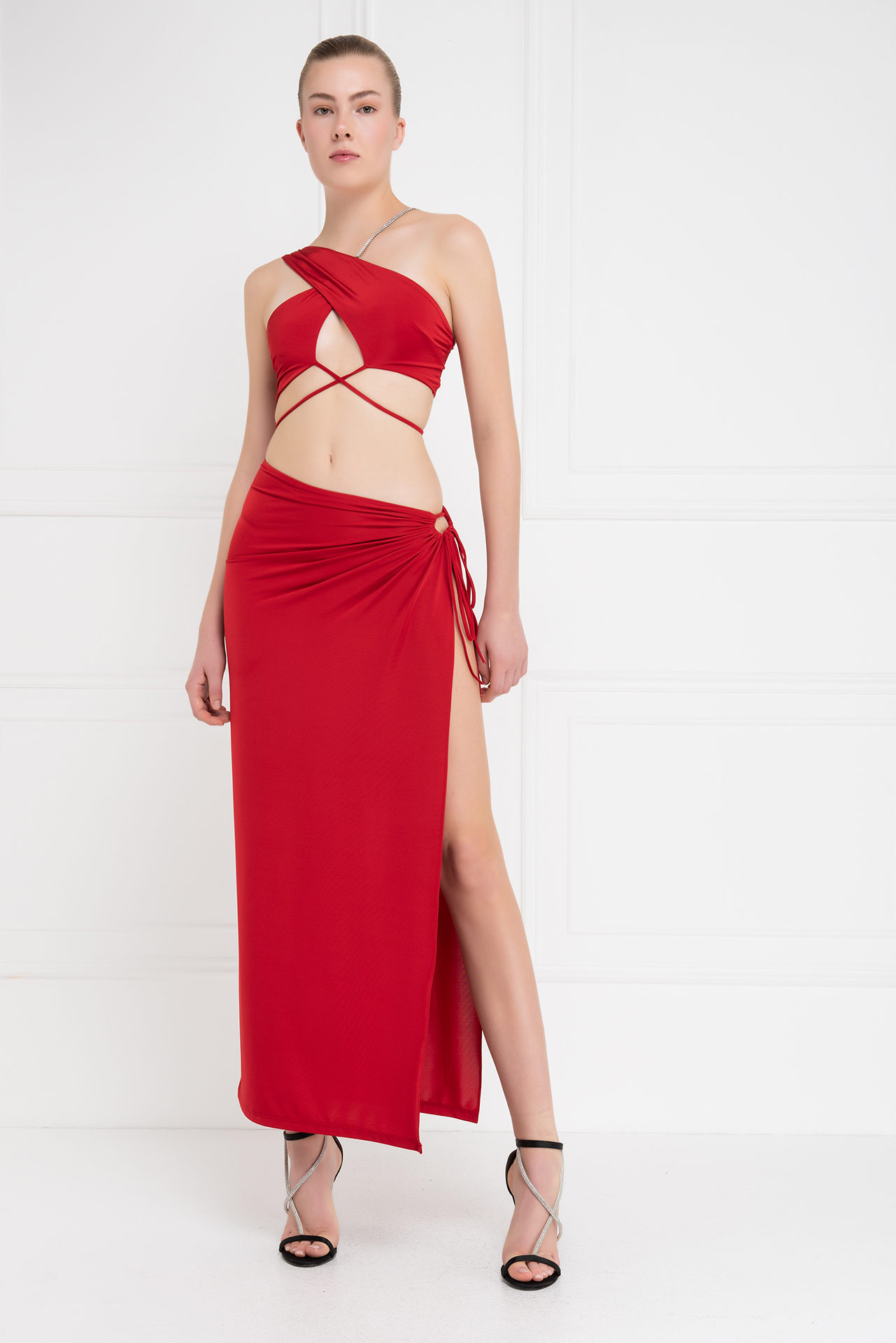 Red Strappy Cropped Cami & Split-Leg Skirt Set
