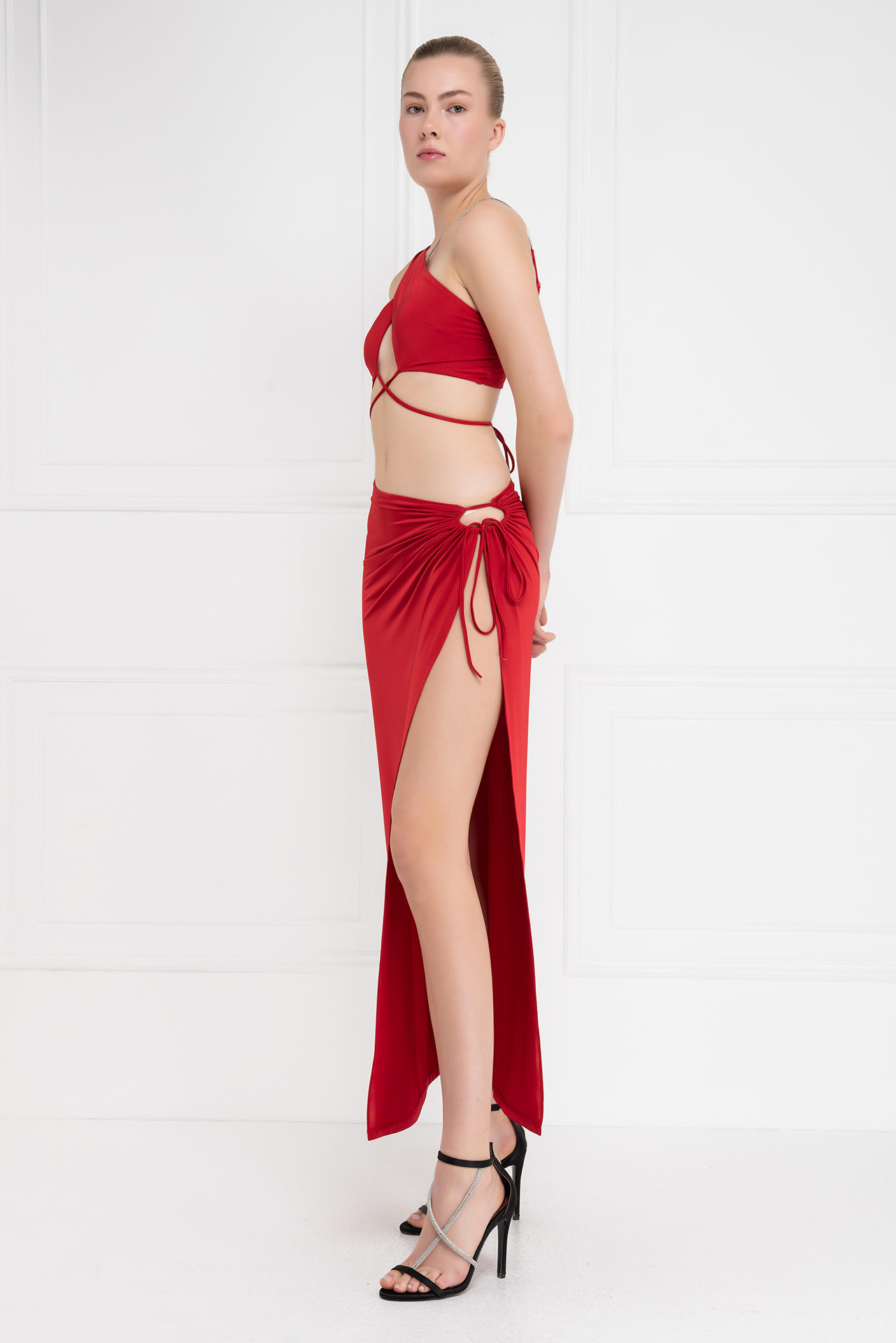 Wholesale Red Strappy Cropped Cami & Split-Leg Skirt Set